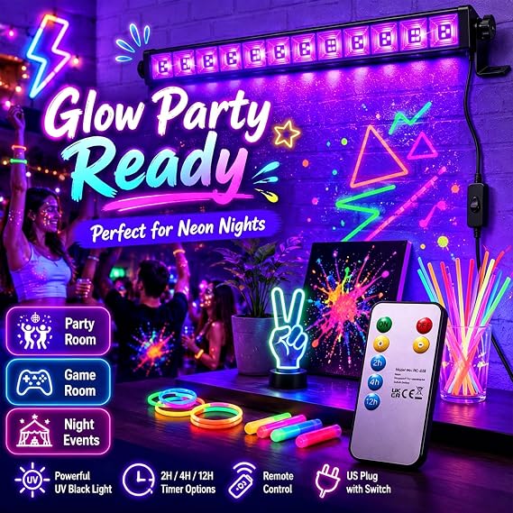 45W LED Black Light Bar & Remote, 4 Pack Dimmable Timer Blacklight