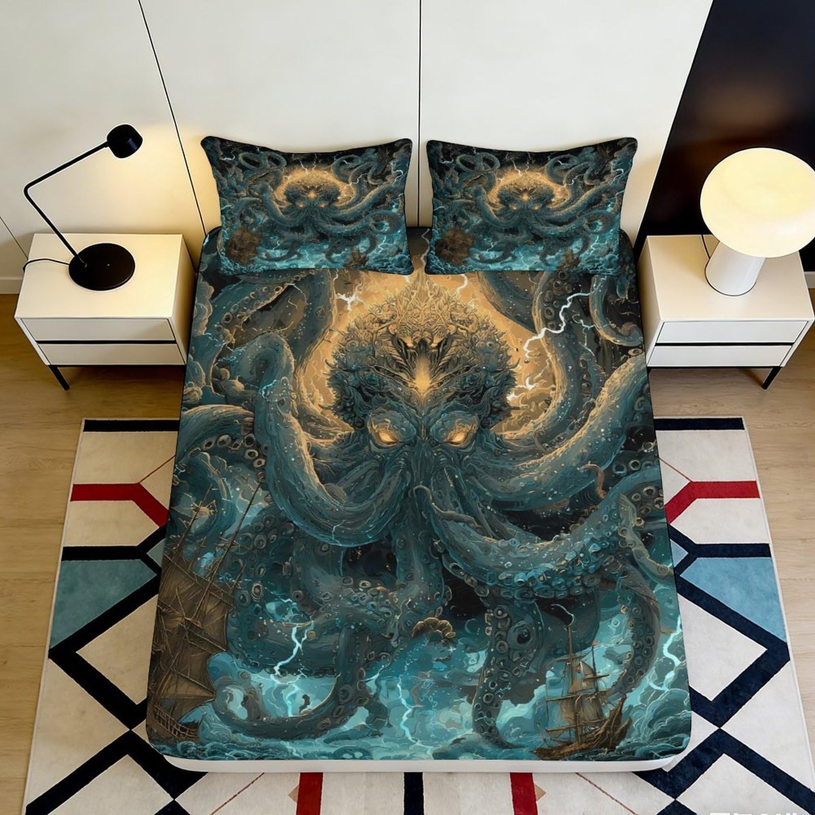 3D Printed Ocean Octopus Fitted Sheet Microfiber Dark Blue Art Kraken Mattress Cover Bedroom Dorm Decor 90x200x25cm