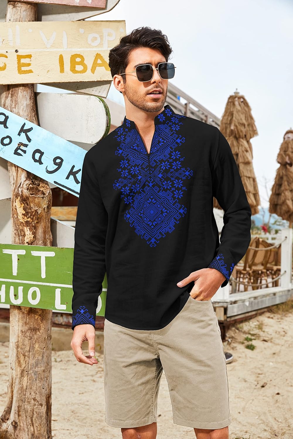 COOFANDY Men's Henley Shirt Vyshyvanka Long Sleeve African Print Shirts Casual Zip Up Cotton Linen Beach Hippie Shirt - Image 2
