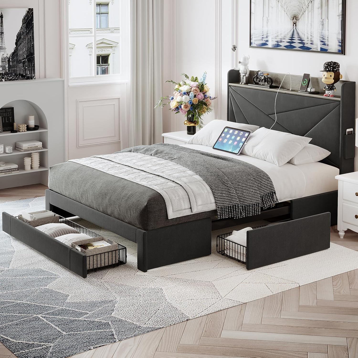 Full Size Bed Frame with Upholstered Headboard Platform Full Bed Frame with 3 Storage Drawers and Charging Station for Home, Hotel, Guesthouse (Grey)