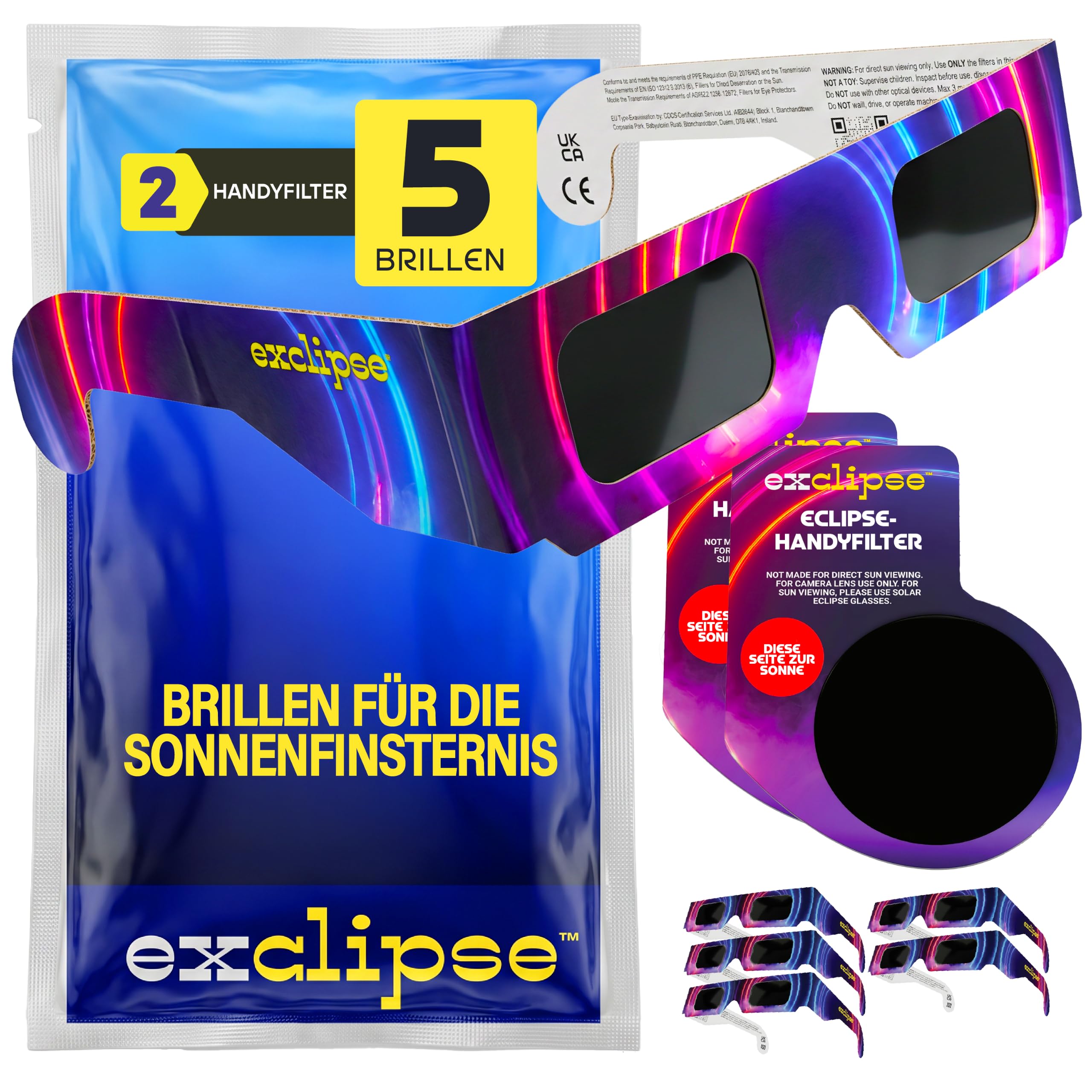 exclipse Sonnenfinsternisbrille – ISO 12312-2 & CE & UKCA-zertifiziert, Sichere Sonnenbeobachtung, Sonnenfinsternis 2026, Schutzbrille im Mehrpack