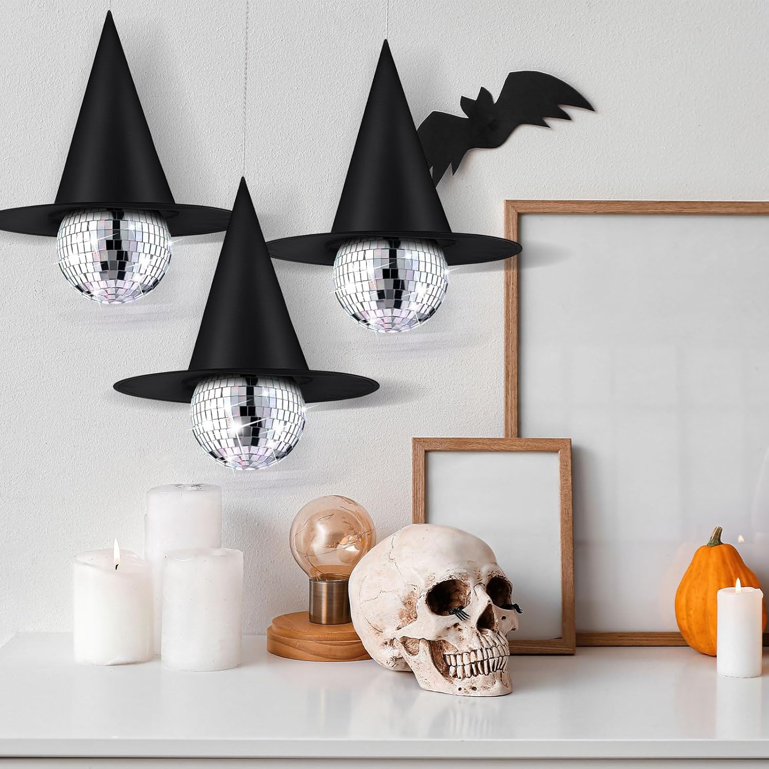 Seematn 12 Set Halloween Mirror Disco Ball Hanging Decor with Witch Hats, Halloween Hanging Decorations for Party Stage Club Ballroom Dance Hall Prom Props