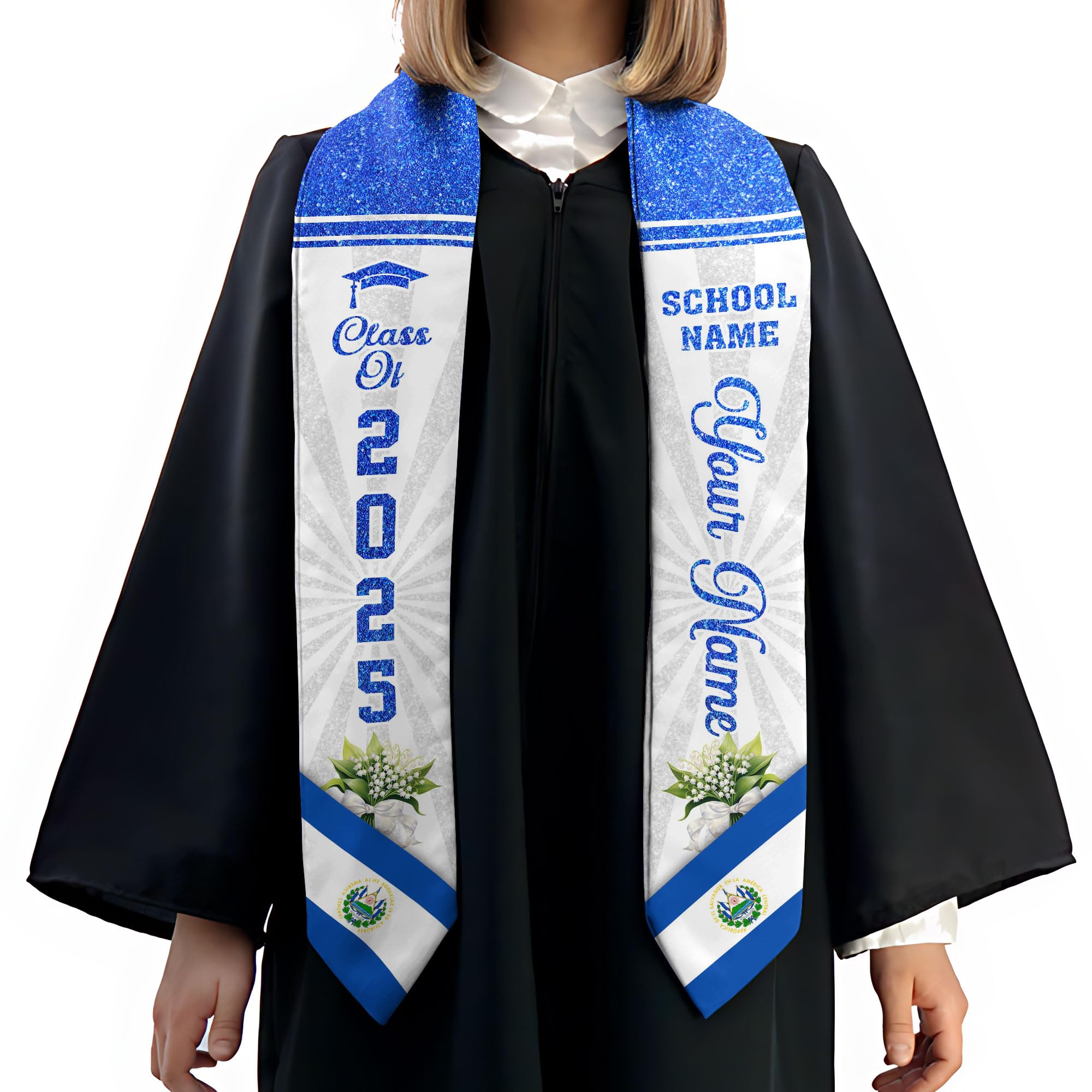 MonkeyVan Custom Salvadoran Graduation Stole 2025,Personalized El Salvador Flag Graduation Sash,Salvadoran American Stole S20