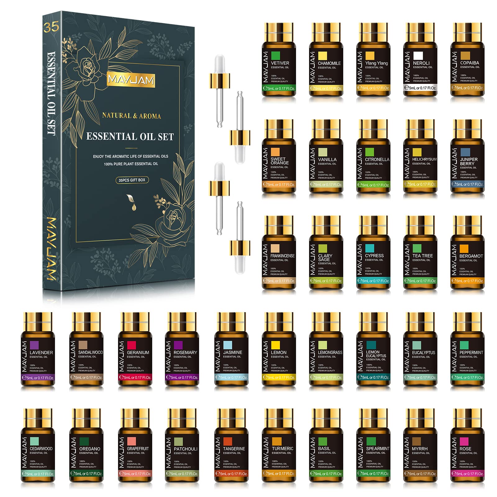 MAYJAM Aceites Esenciales para Humidificador 35 x 5 ml, Set de Aceites Esenciales Aromaterapia Regalo Naturales Puro, Aceite Esencial de Lavanda Eucalipto Vainilla Menta Jazmín Rosa