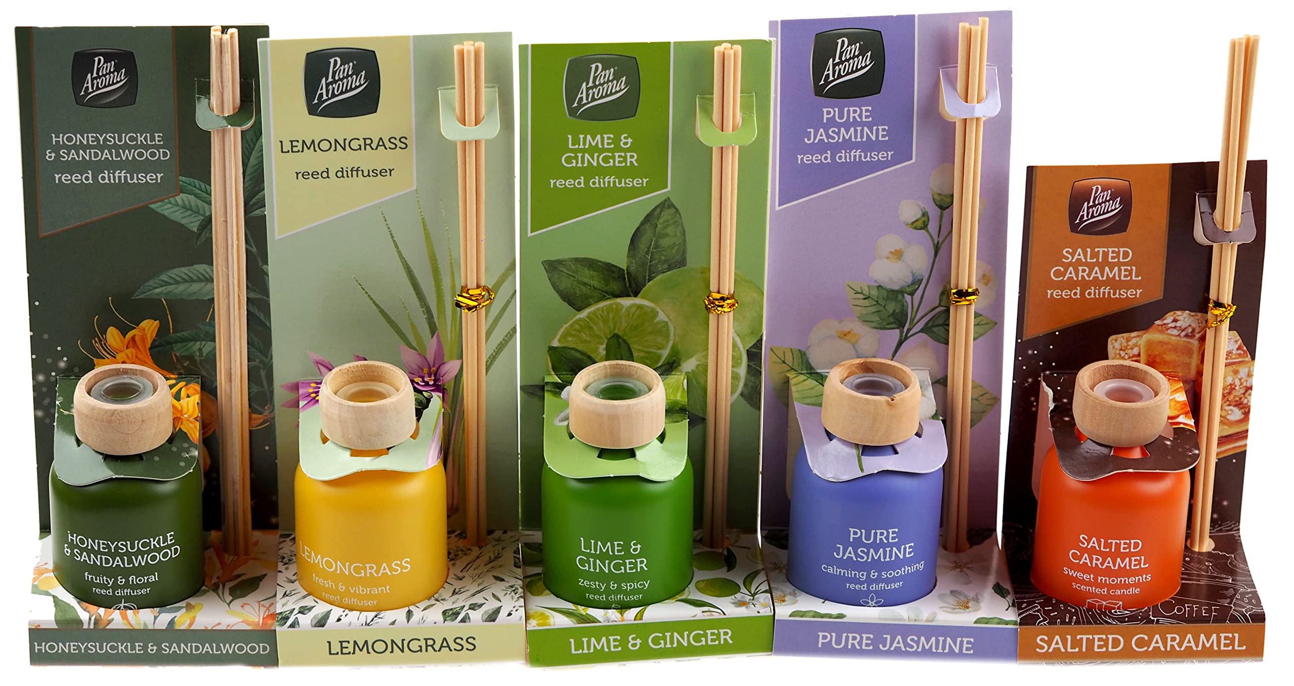 Pan Aroma 5 X Reed Diffusers - Sandalwood, Caramel, Lemongrass, Lime, Jasmine (Set Of 5)