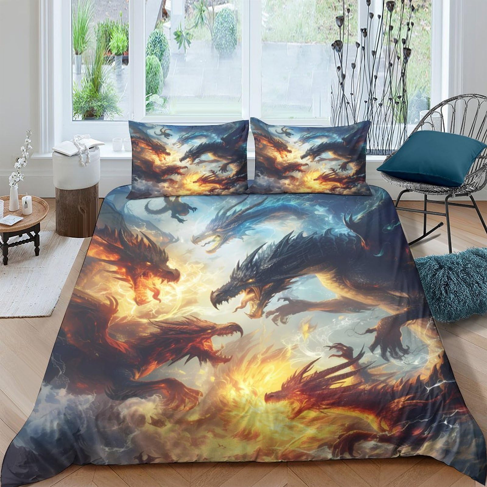 Ctjqhvkz Style-9 3D Printed Fiery Dragon Fitted Sheet Microfiber Soft Breathable Dark Fantasy Mattress Cover For Bedroom Decor Single（135X200cm）