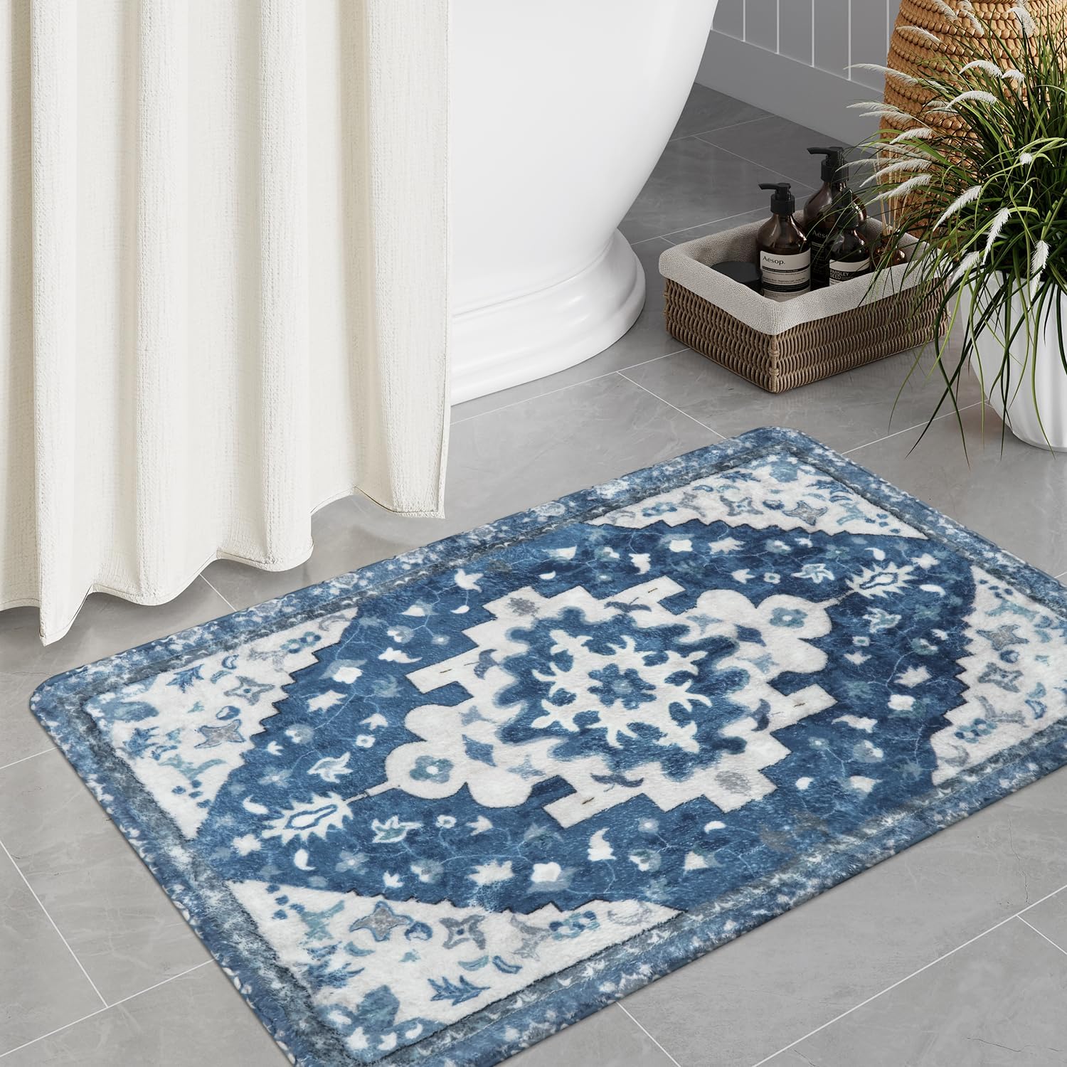 Uphome Boho Bathroom Rugs Blue Vintage Non-Slip Bath Rug Oriental Soft Machine Washable Bathroom Mat Cute Tribal Floral Bath Mats for Bathroom Decor for Sink Shower Toilet, 20x31 inch
