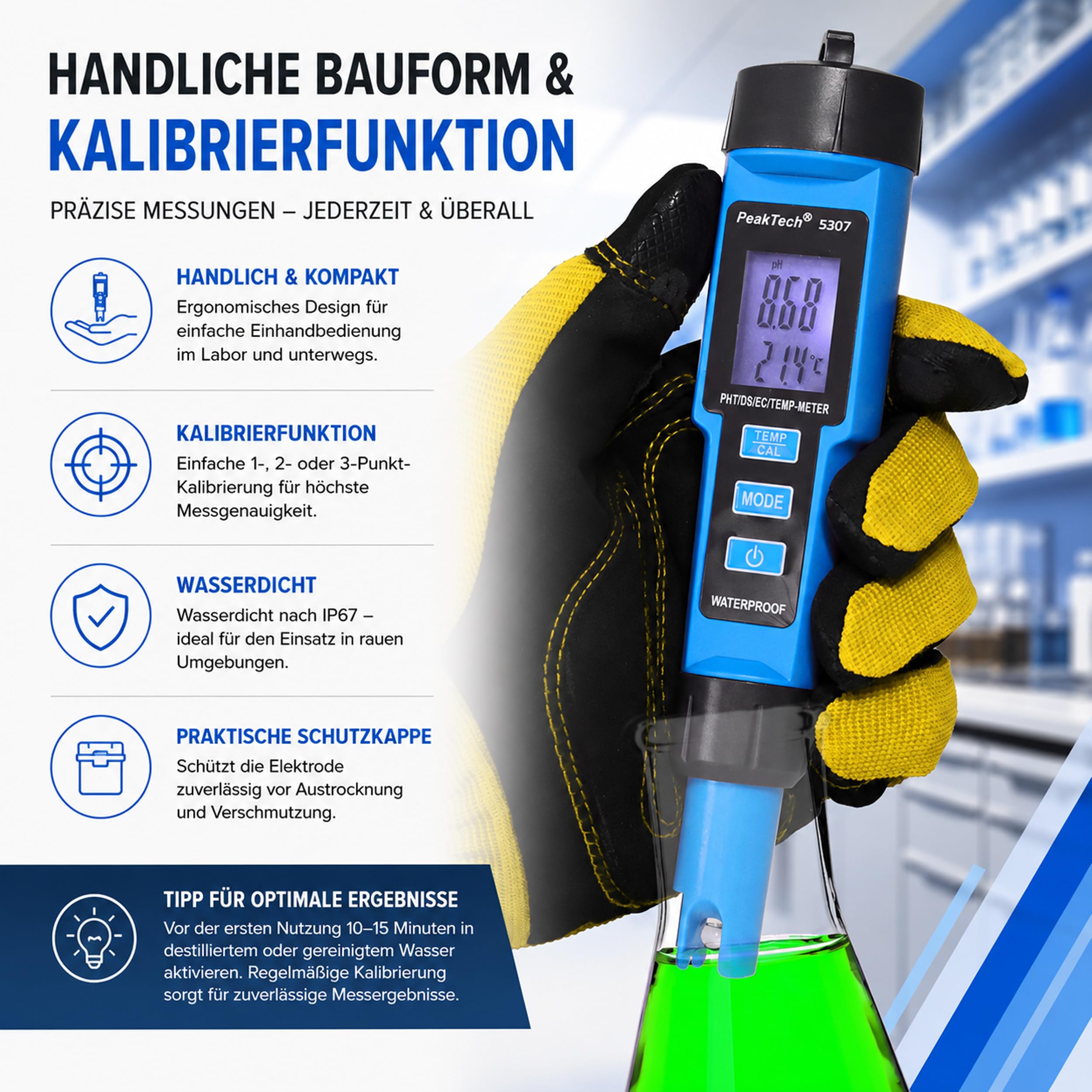 PeakTech P 5307 – 4 in 1 PH-Meter in Stiftform für PH/EC/TDS/TEMP