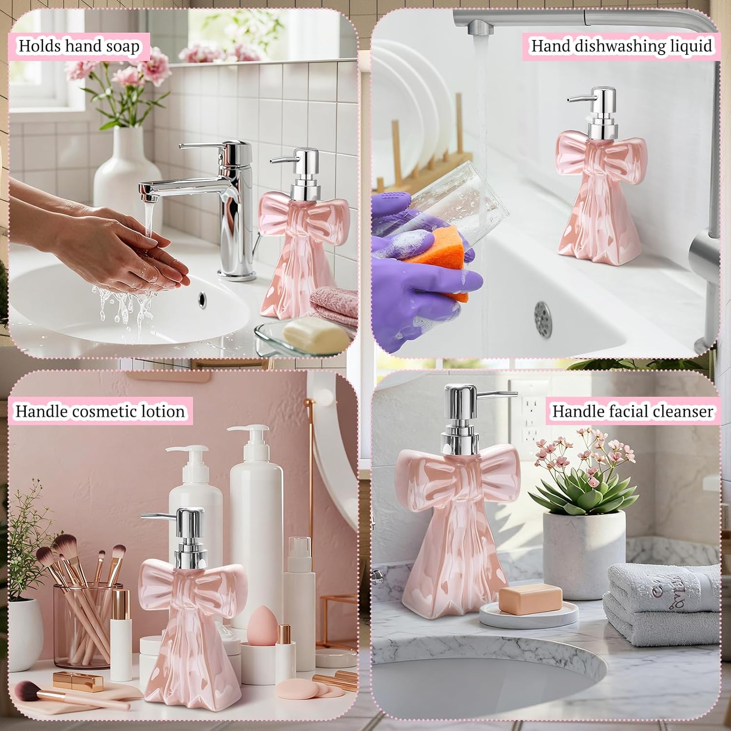 3D Ceramic Pink Bow Soap Pump Dispenser Hand Lotion Liquid Dispenser Refillable Bathroom Decor Cute Countertop Accessory for Kitchen Restroom Decorative - Image 7