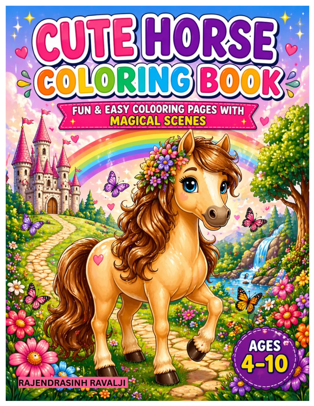 Cute Horse Coloring Book for Kids Ages 4–10: Fun & Easy Fantasy Animal Coloring Pages with Rainbows, Castles & Magical Scenes | Big Bold Designs for Toddlers, Preschoolers & Beginners