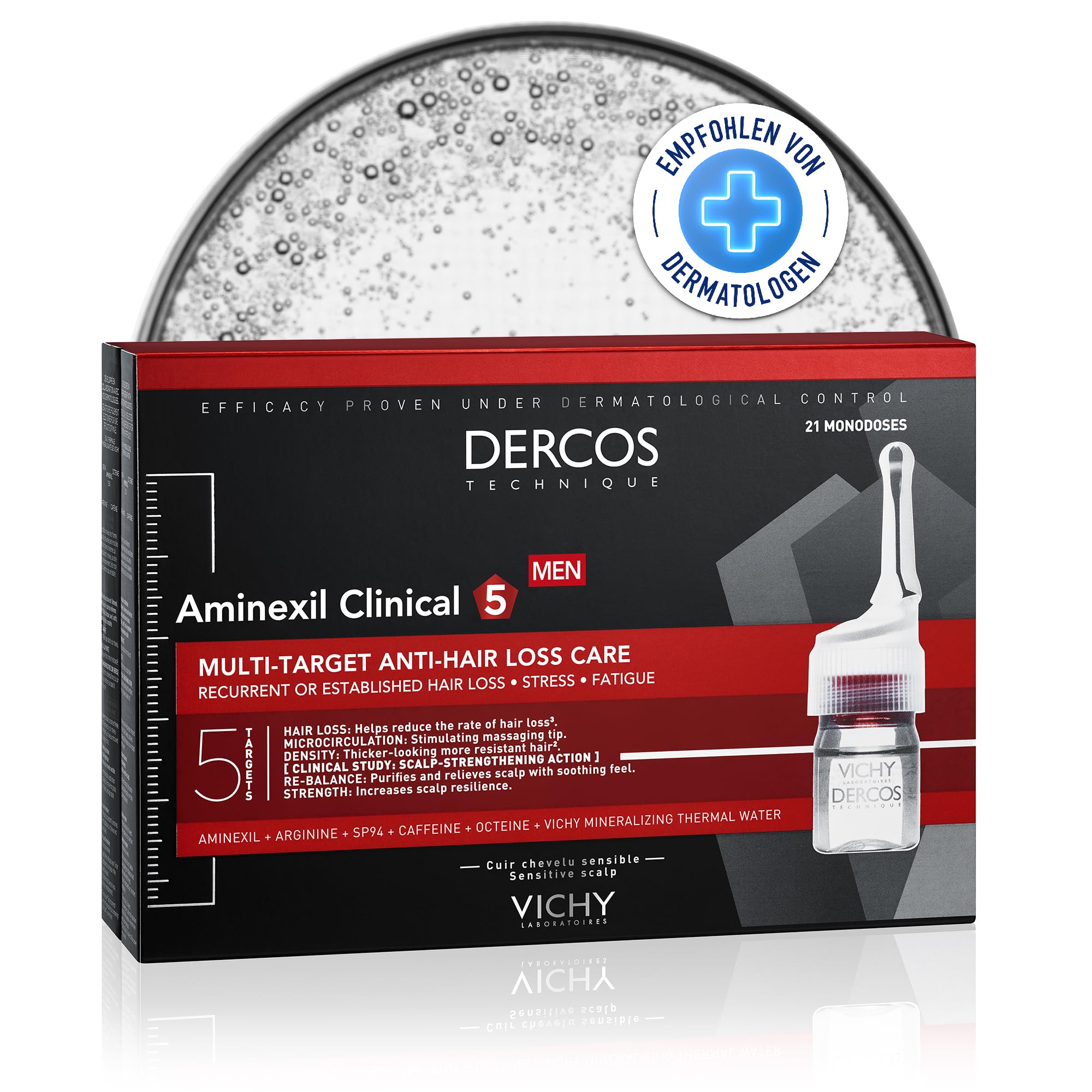 VICHY Aminexil Clinical 5 Männer, Serum, Ampullen, Sensible Kopfhaut, Anti-Haarausfall, Für dünnes Haar, Behandelt Haarwurzeln und -fasern, Revitalisierend, Dercos, 21 x 6 ml