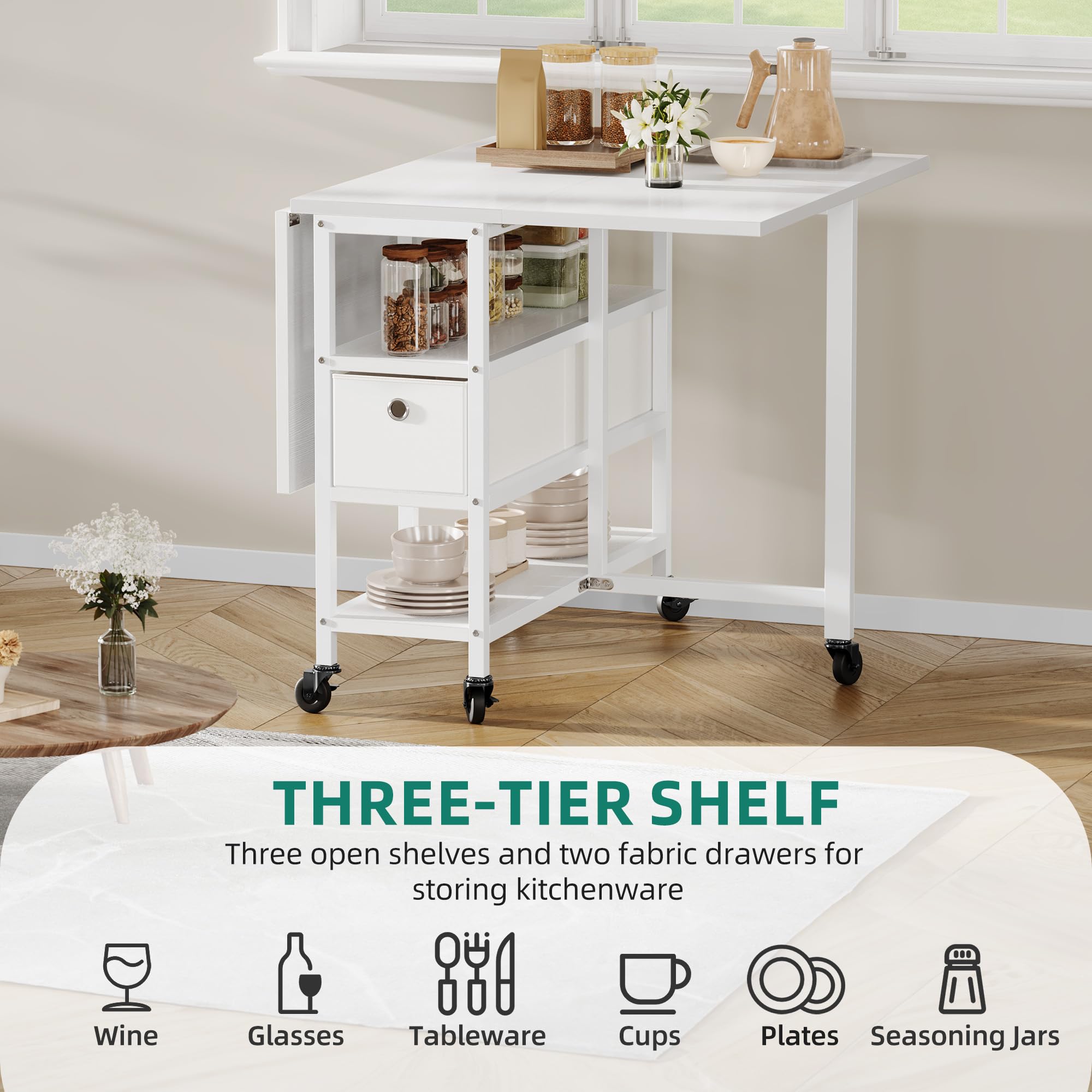 YITAHOME Table de Salle à Manger Pliante Mobile avec 6 roulettes et tiroirs de Rangement pour Petits espaces, Cuisine, Salle à Manger, Blanc