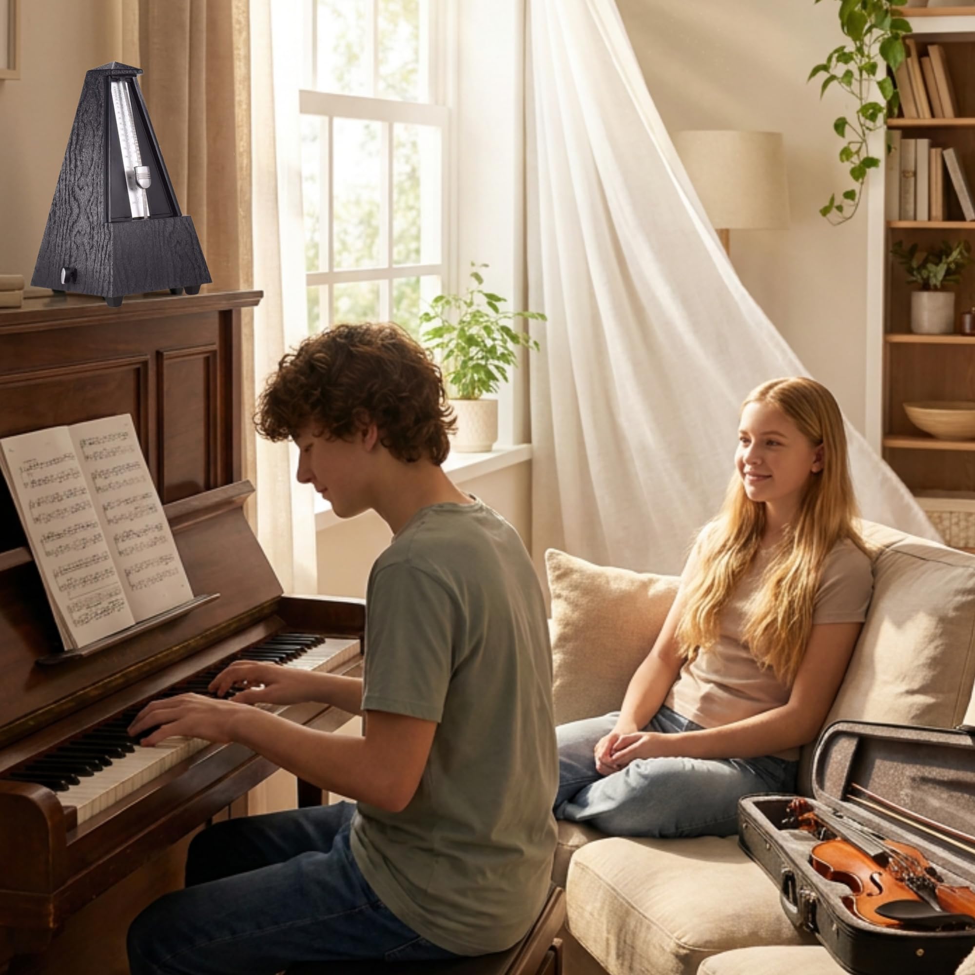 Metrónomo Mecánico con Campana de Acento, Beat Preciso, Sonido Fuerte, Forma Clásica, Adecuado para Piano Guitarra Bajo Batería Violín Saxofón etc,Grano de Madera