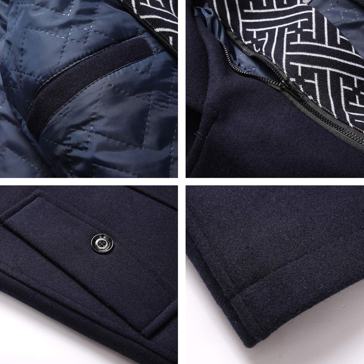 Close-Up Views of the INVACHI Men's Detachable Scarf Pea Coat Details