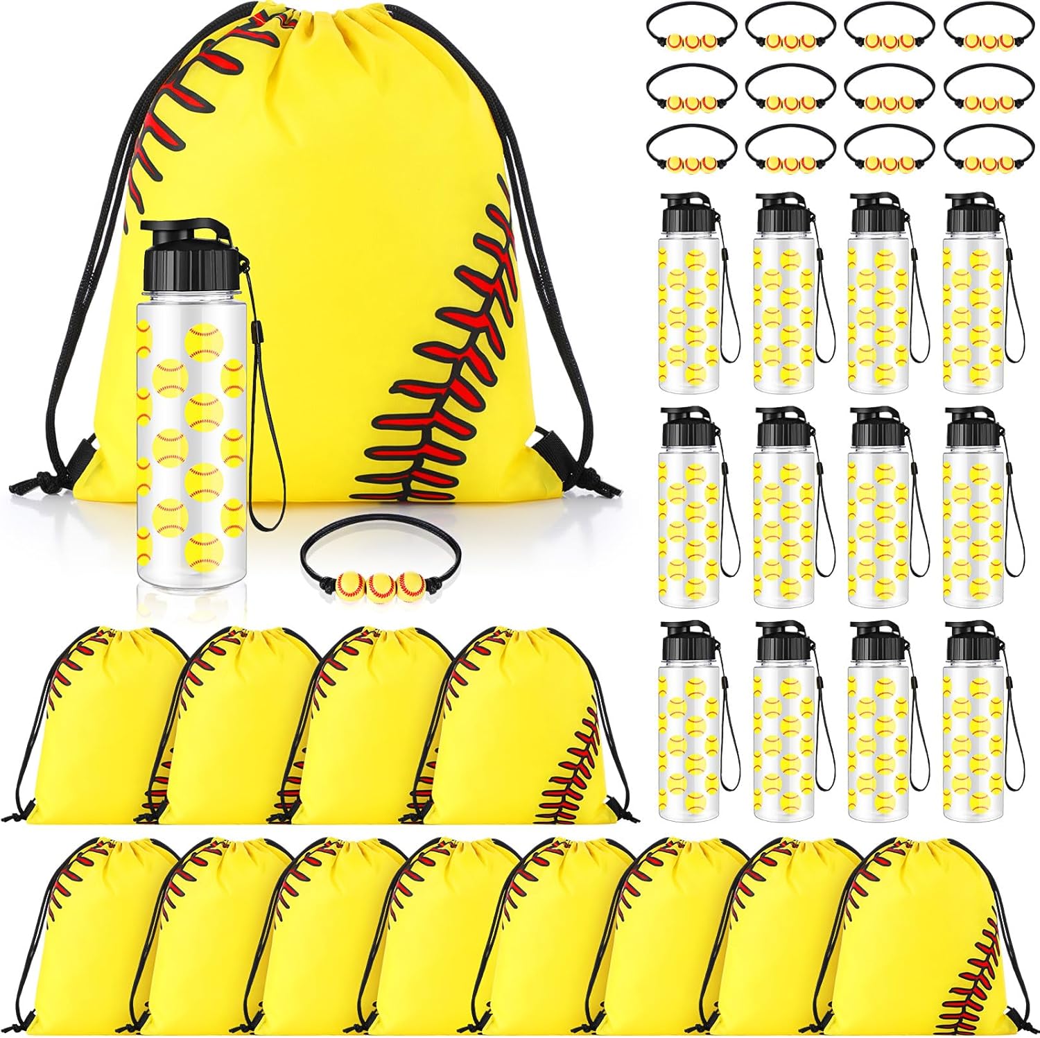 36 Pcs Softball Party Favors Sports 18 oz Reusable Water Bottles Flip Top with Leak Proof Gift Set Include Drawstring Goodie Bag Bracelet for Softball Team Gift Accessories Supplies