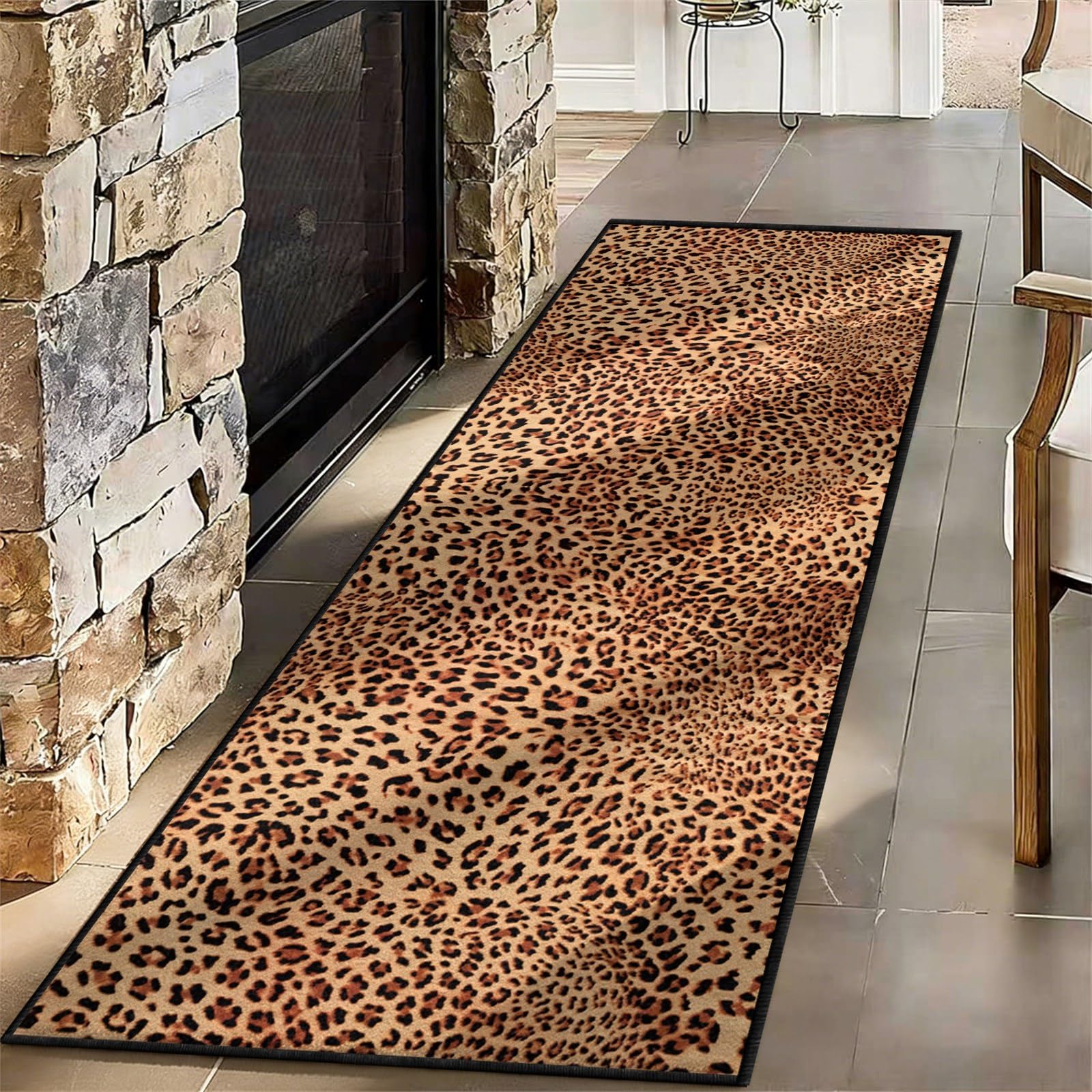 HONGXIU Leopard Runner Rug 60x180 Modern Print Hallway Runner Rug With Rubber Backing Washable Non-Slip Runner Rugs for Bedroom Kitchen Living Room Indoor Decor（Brown）