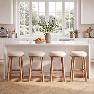 Christopher Knight Home Cora Counter Height Bar Stools Set of 4, Boucle Fabric Round Bar Stool for Kitchen Island, Wooden Backless Dining Room Chair, Counter Stool with Footrest, Natural+Beige