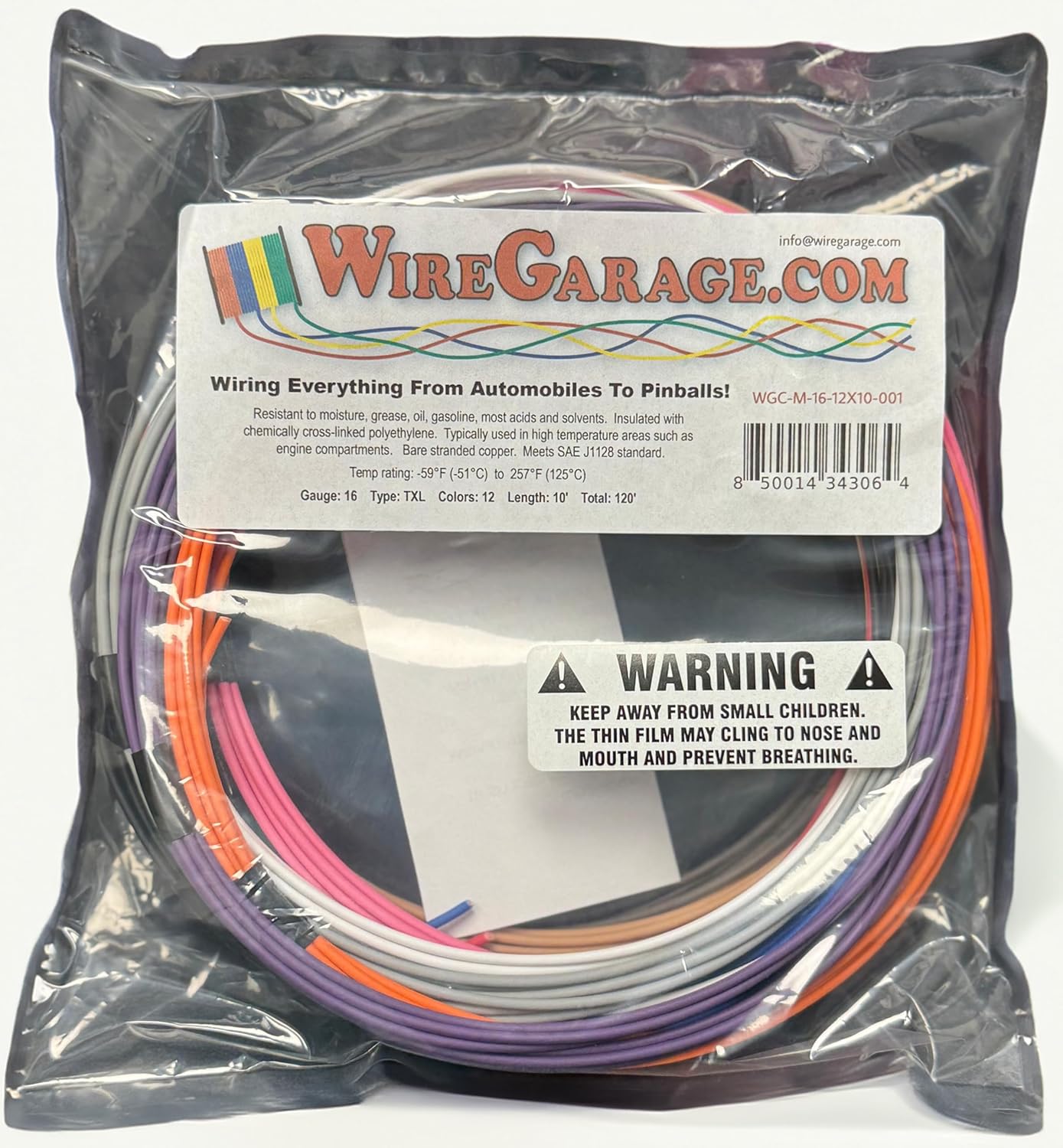 High Temp TXL Cross-Link XLPE Stranded Wire, 16 AWG, GA, Gauge, SAE J1128, Automotive, Motorcycle, Electrical, 10' Each of 12 Solid Colors (120' Total)