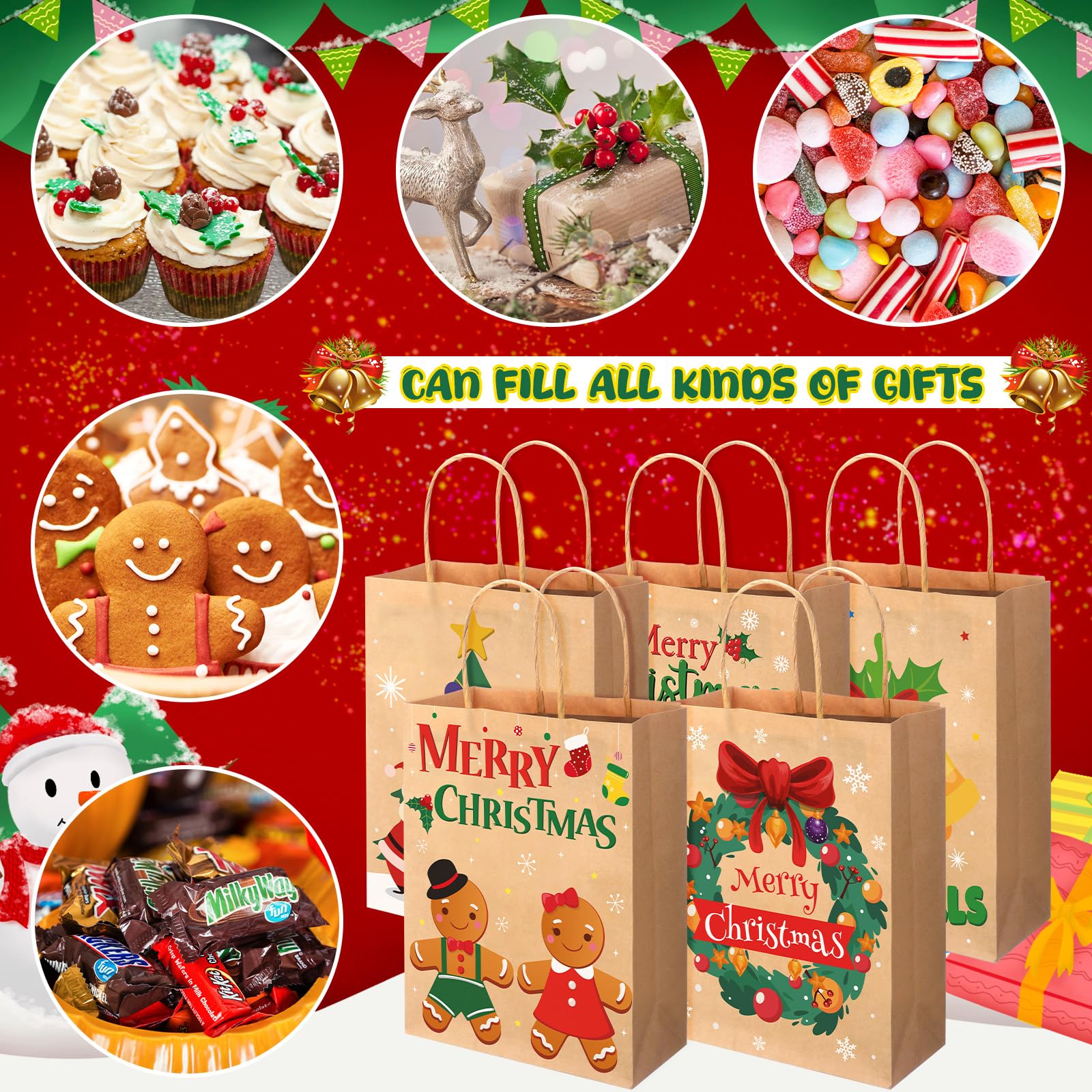 Cholemy 200 bolsas de regalo de Navidad a granel, 9 x 7 x 3 pulgadas, bolsas de papel kraft de Navidad con asa, bolsas de regalo de Navidad para regalos especiales de vacaciones, 10 estilos (colores