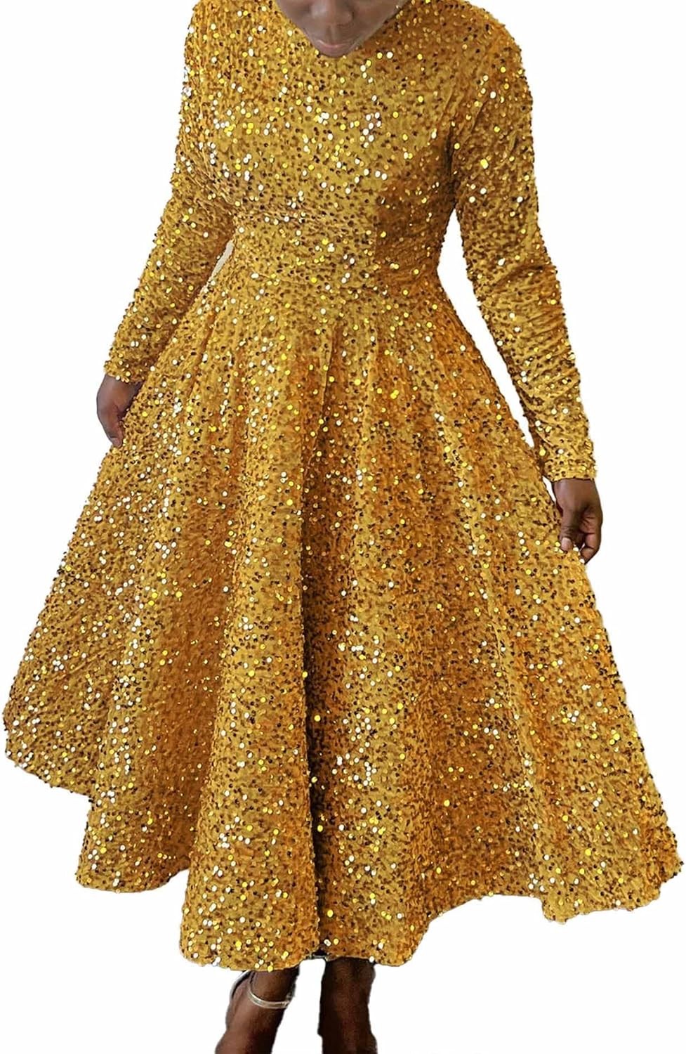 SOMTHRON Women's Sequin Dress Plus Size Long Sleeve A-Line Flared Party Cocktail Sparkle Glitter Evening Shiny Maxi Dress - Image 2