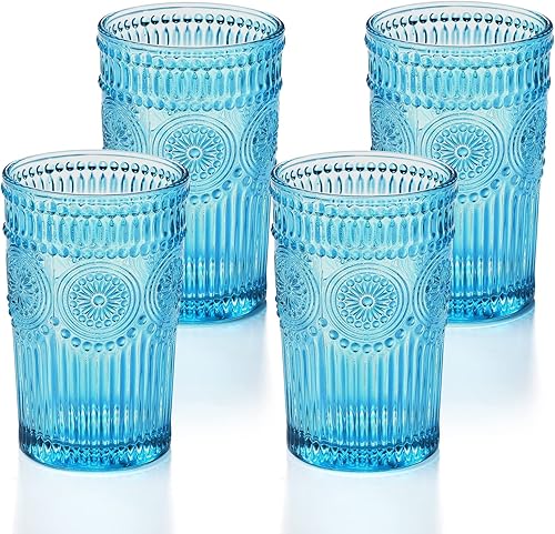 Paquete de 4 vasos de agua románticos de 12 onzas, vasos azules vintage para whisky, cerveza, jugo, bebidas, cóctel