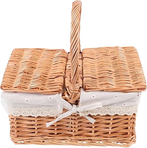 Cabilock Cesta de picnic tejida con asas, cesta de almacenamiento de picnic con tapa, adornos de granja, manualidades para picnic al aire libre,