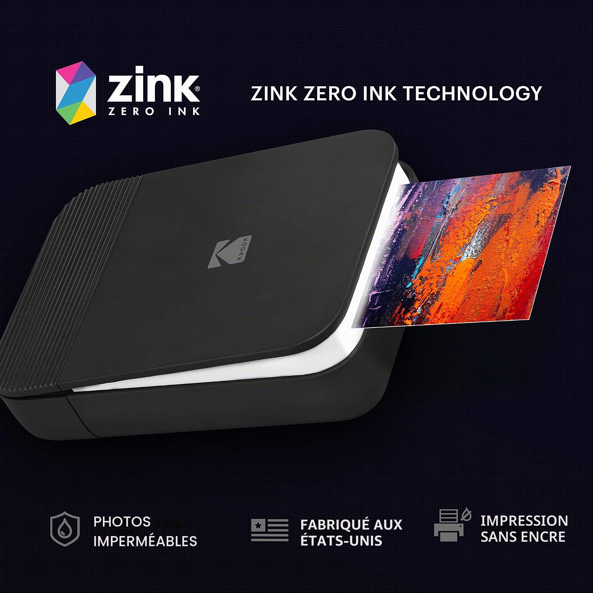 KODAK Smile Couleur Imprimante numérique instantanée - Mini imprimante Bluetooth rétractable pour iPhone et Android - Papier 2x3 ZINK - Noir / Blanc