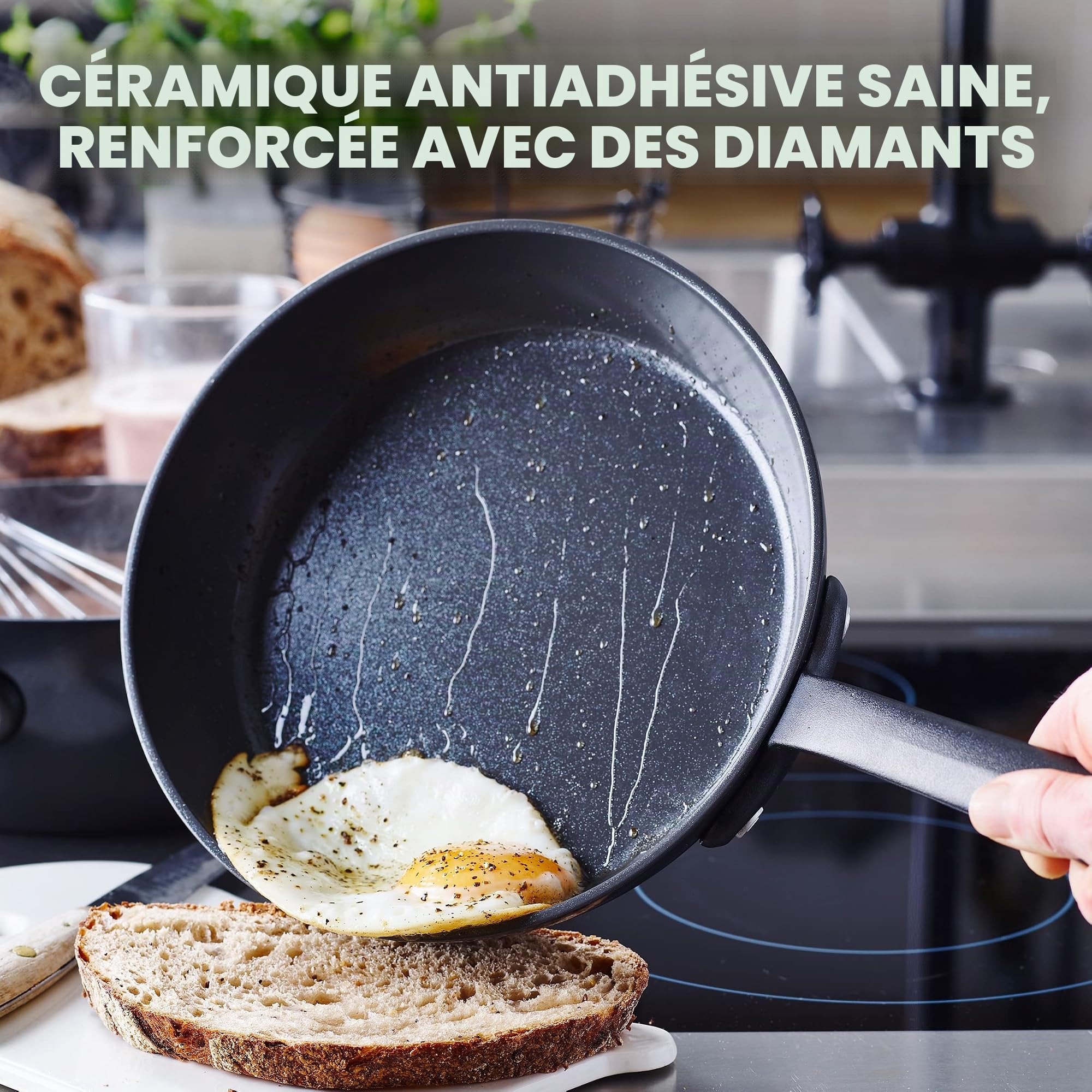 GreenPan Craft Poêle à frire antiadhésive en céramique anodisée dure de 24 cm, sans PFAS, sans induction, sans risque pour le lave-vaisselle, sans risque pour le four, noir
