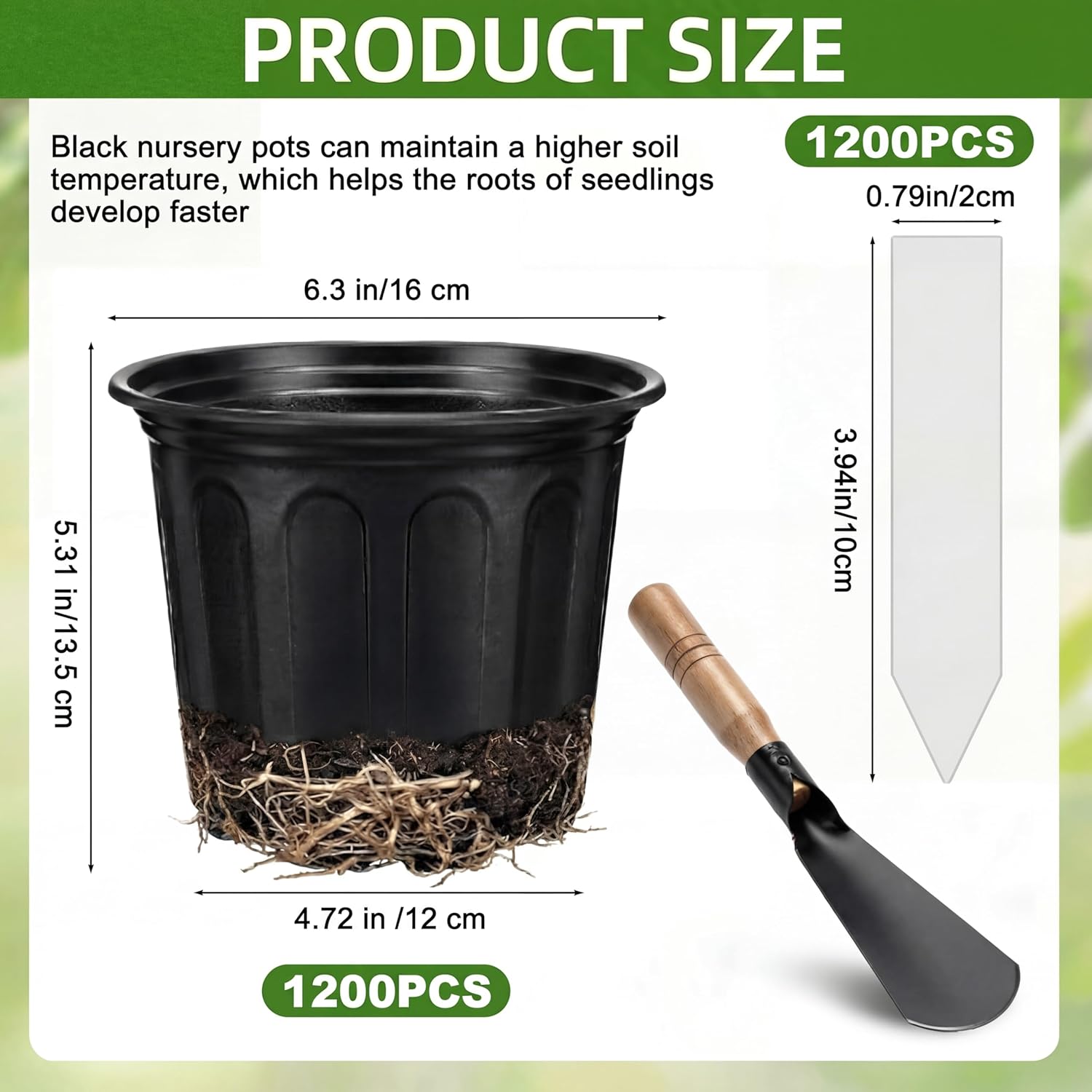1200 Pcs 1 Gallon Plastic Plants Nursery Pots Bulk with Plant Labels, Thickened Soft Black Seedling Pots with Drainage Holes, Flower Plant Containers with Shovel for Seed Succulents Supply