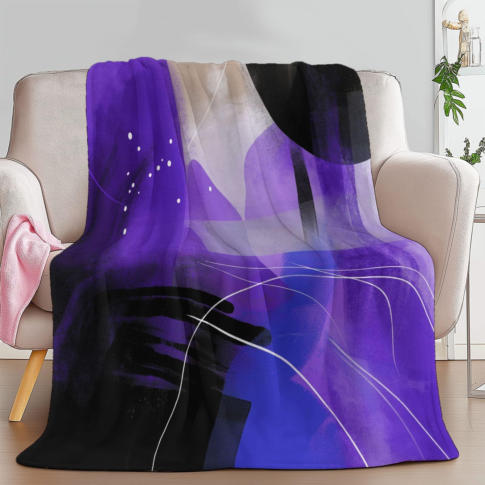 Koc flanelowy można prać w pralce 180 x 220 cm, miękki i ciepły, przytulny realizm lekki abstrakcyjny fioletowy i czarny koc dekoracyjny w paski geometria do łóżka sofy i pokoju dziecięcego