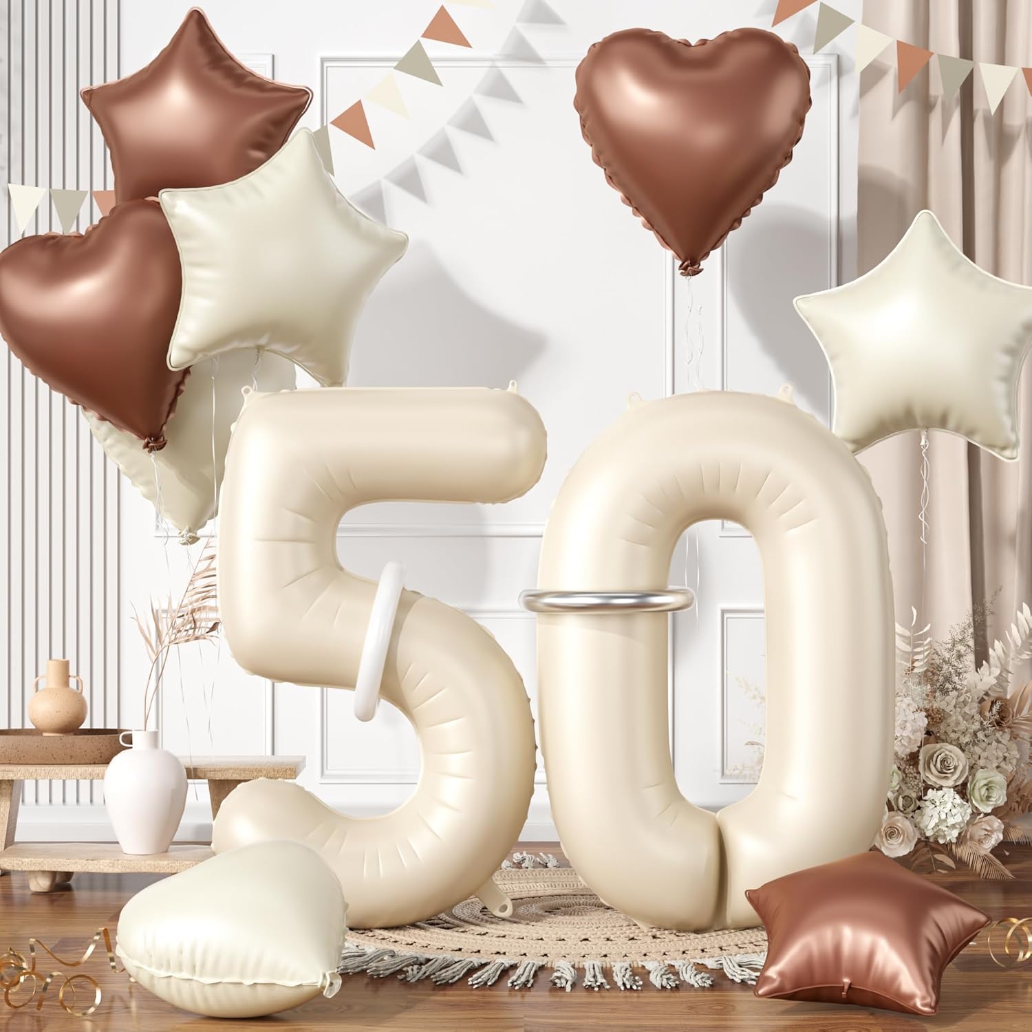 50 Cream White Balloons, 50 Number Balloons Set, Beige Number 50 Balloons, Brown Sand White Foil Star Heart Balloon With Long Balloon For 50th Birthday Party 5th kids Baby Shower Decoration