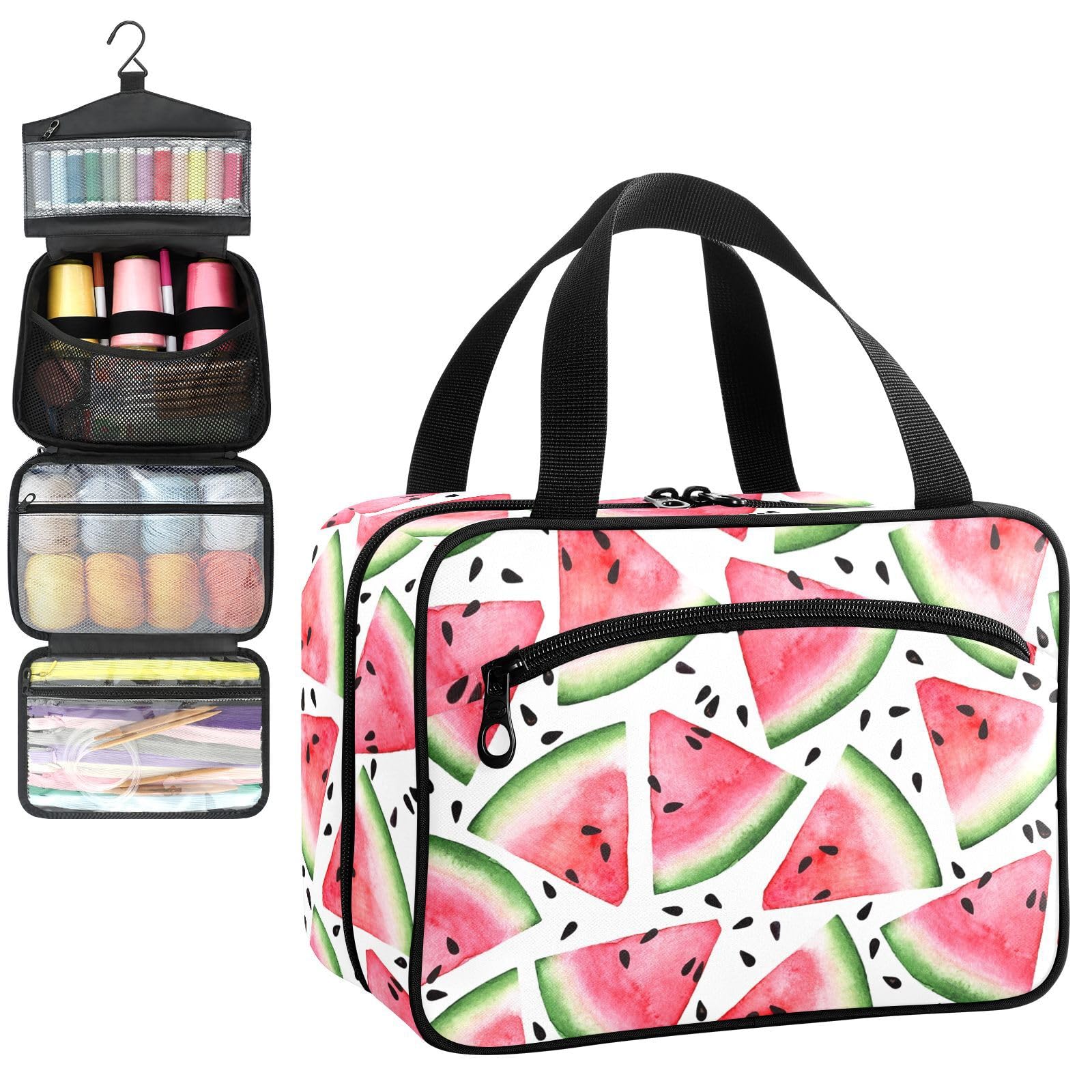 YNNALE Sewing Supply Organizer Bag, Watermelon Fruit Summer Portable Sewing Bags with Pockets&Hanger, Sewing Storage Box Case for Sew Supplies/Kit/Tools/Accessories (BAG ONLY)