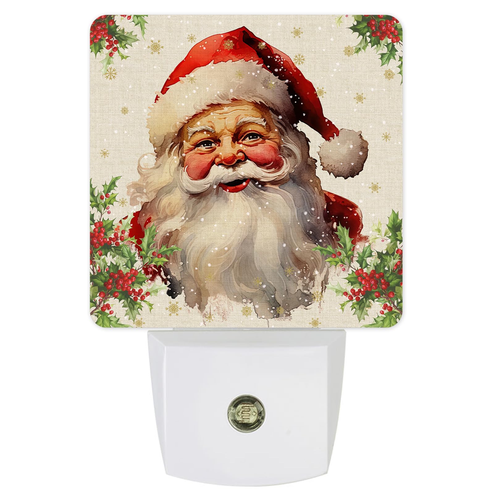 Christmas Night Lights Plug into Wall, Vintage Santa Claus Holly Plug in Night Light with Dusk-to-Dawn Light Sensor, Automatic Dimmable LED Nightlight for Bathroom, Adult, Hallway, Kitchen, Stairway
