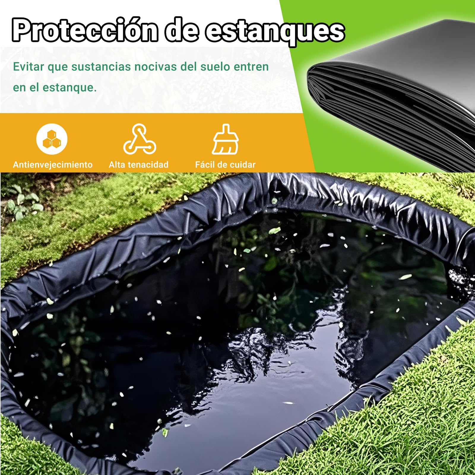 Revestimiento de Estanque Negro PVC - Forro Impermeable 0.12mm, Tamaños 3x7m/5x6m/7x8m/8x10m - para Peces, Fuentes y Lagos Artificiales