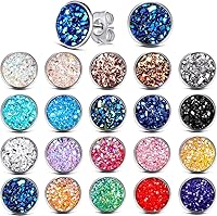 Yaomiao 20 Pairs Rainbow Druzy Stud Earrings Stainless Steel 12mm - Hypoallergenic Round Earrings for Women Men Party Gifts