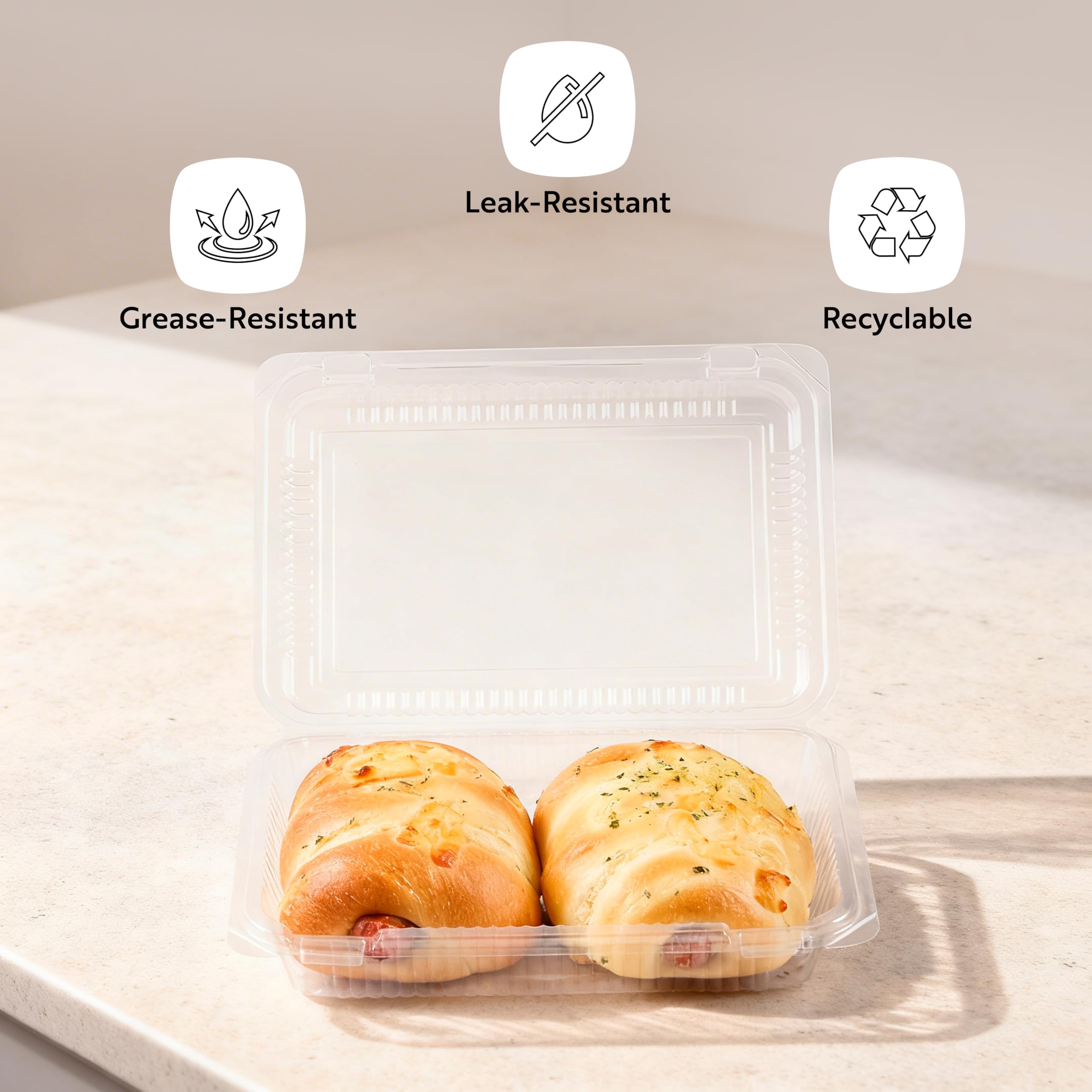 Restaurantware Thermo Tek - Contenedores de alimentos de 7.5 x 5.24 x 1.7 pulgadas, 100 recipientes rectangulares de concha - Contenedores de plástico transparente duraderos, resistentes, para