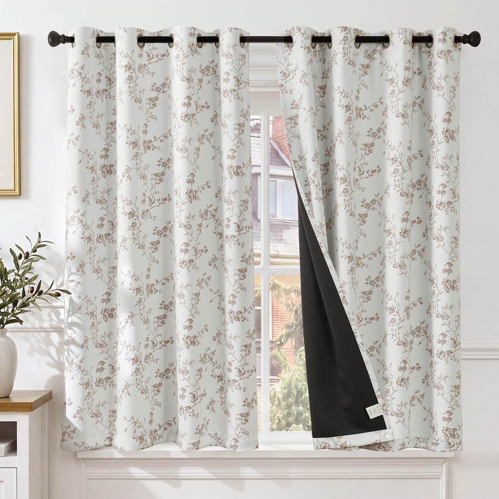 TOPICK 100% Blackout Floral Curtains W52xL54 for Bedroom Living Room, Taupe