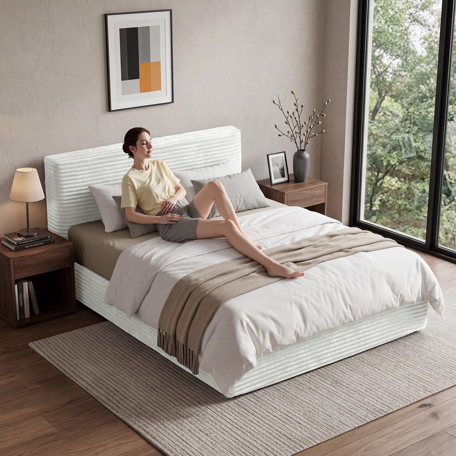 Vamcheer Schaumstoff-Bettgestell 140x200 cm (Ohne Matratze), Polsterbett mit 15cm extra Dicker Kopfteil, Geräuschloses Soft-Bett ohne Werkzeug Montage, Anti-Kollision Design, Beige