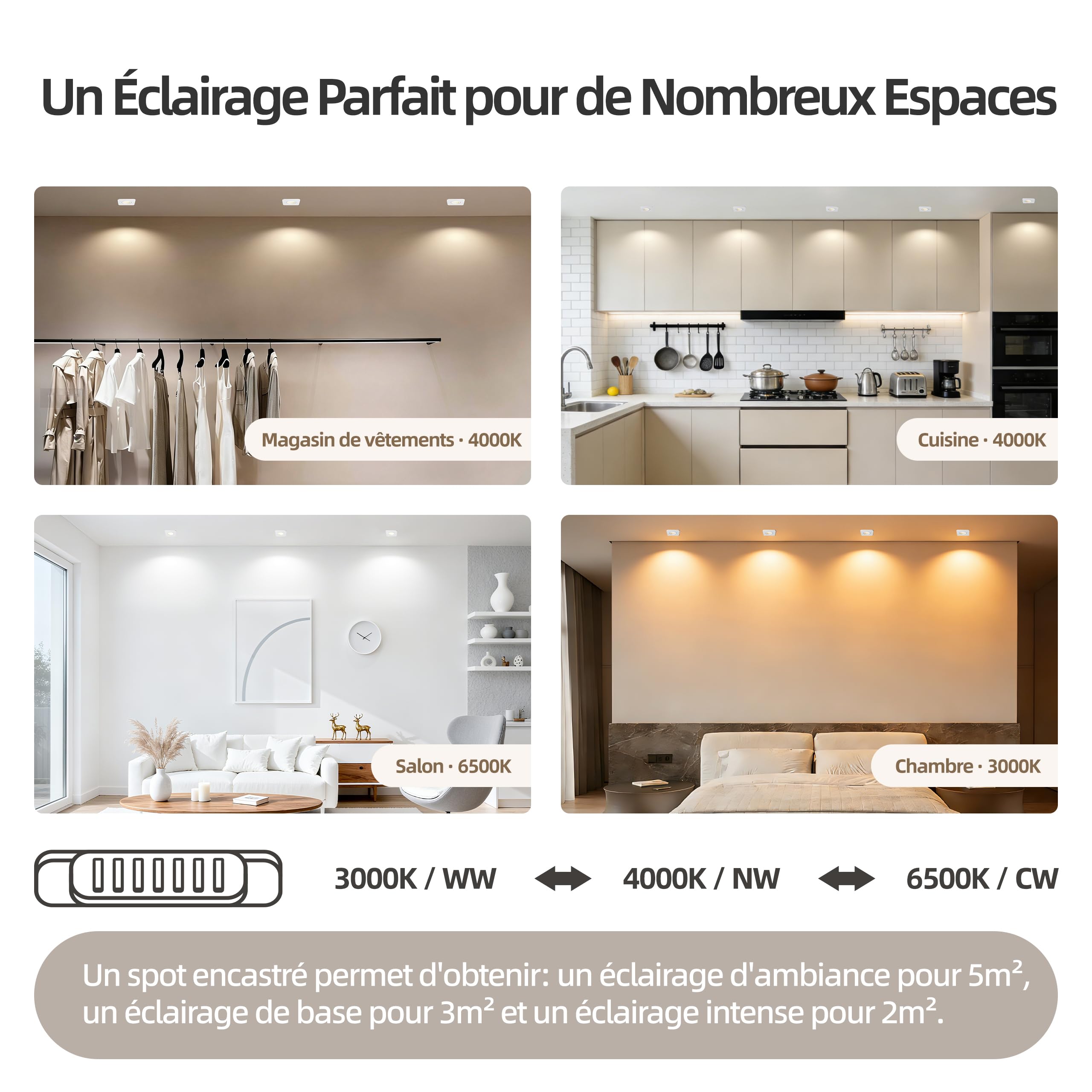 Spot Led Encastrable Dimmable Orientable, 5W 550LM Spot Salle de Bain IP65, Spots de Plafond Carrés, 230V Spots LED Blanc Chaud/Blanc Neutre/Blanc Froid Réglable, Ø78mm CRI90+