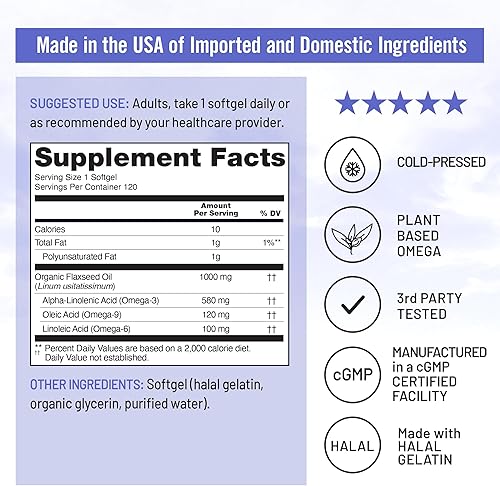 Miniatura 4 de NatureWise Aceite de linaza de 1000 mg, Omega 3 sin pescado con 580 mg de ALA, suplemento dietético para apoyo a la salud inmunológica, orgánico,