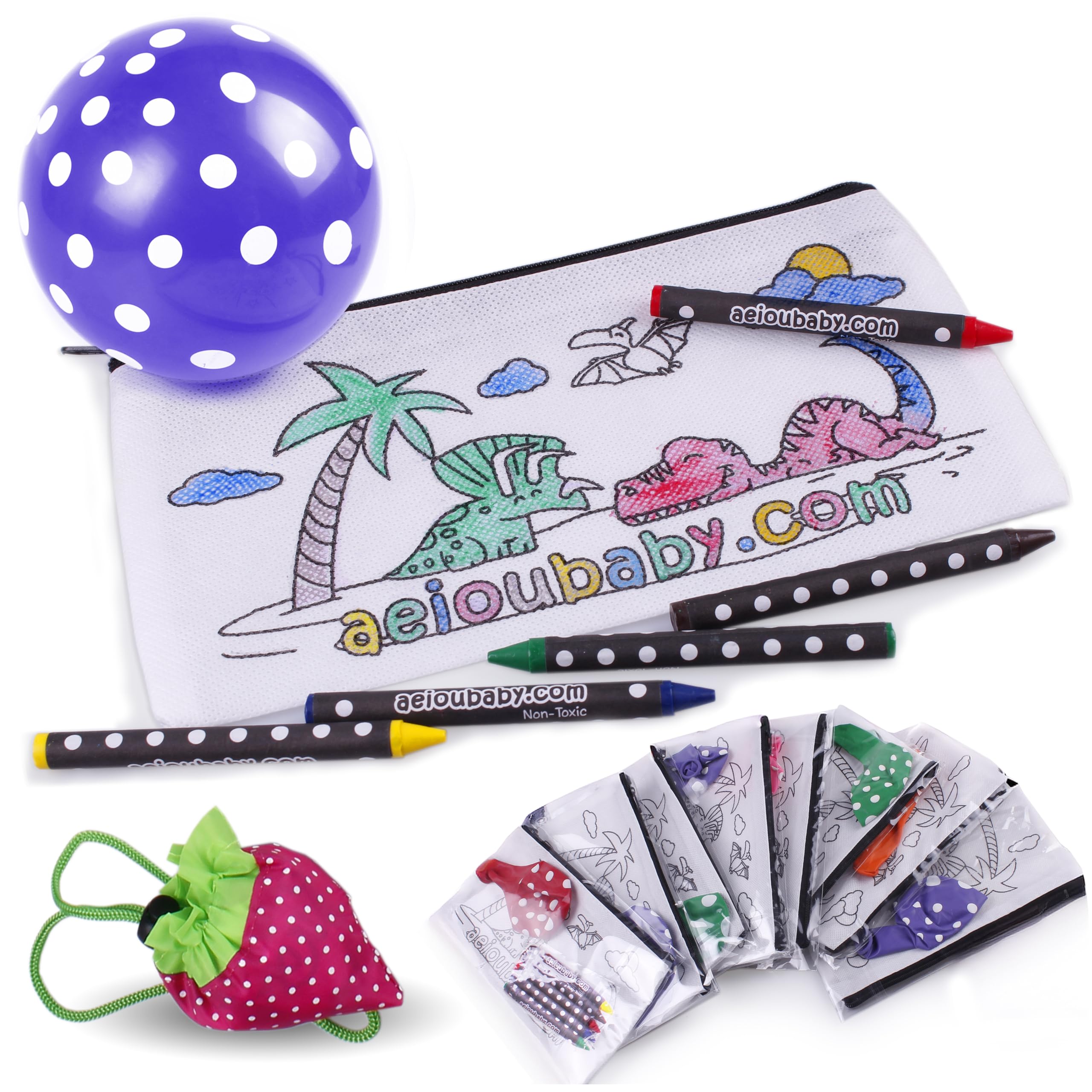 aeioubaby.com 25 Pencil Cases Color Your Own + Reusable Bag | 25 Individual Bags, 5 Coloured Crayons and Balloon | Children's Gift for Parties and Birthdays (Dinosaur)