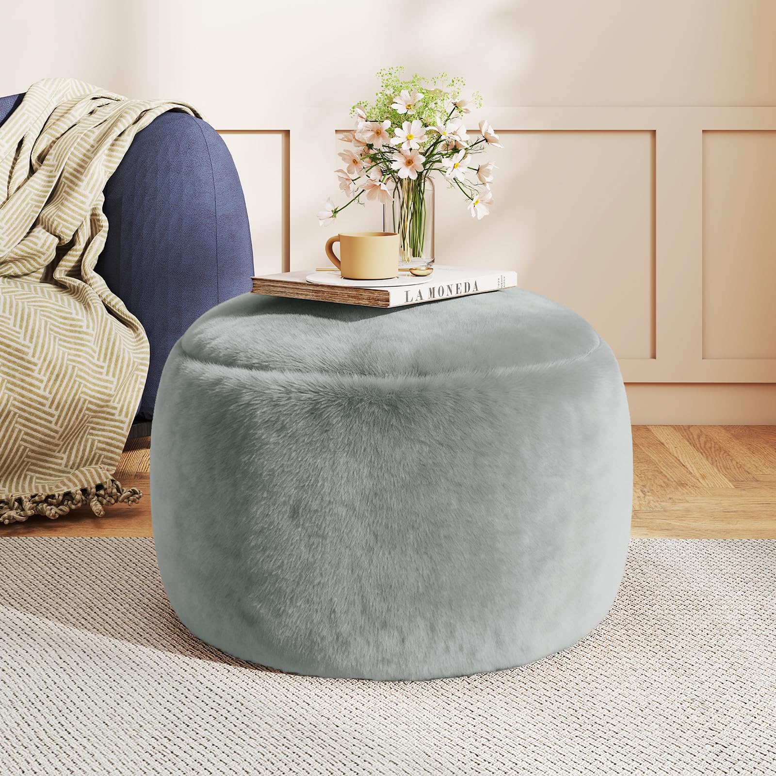 Round Stuffed Pouf Ottoman Foot Rest, Faux Fur Poufs with Memory Foam Filling, Ottomans for Living Room, Nursery, Dorm, Soft Foot Stool Ottoman for Couch, Perfect for Resting Your Feet (Grey, 20 Inch)