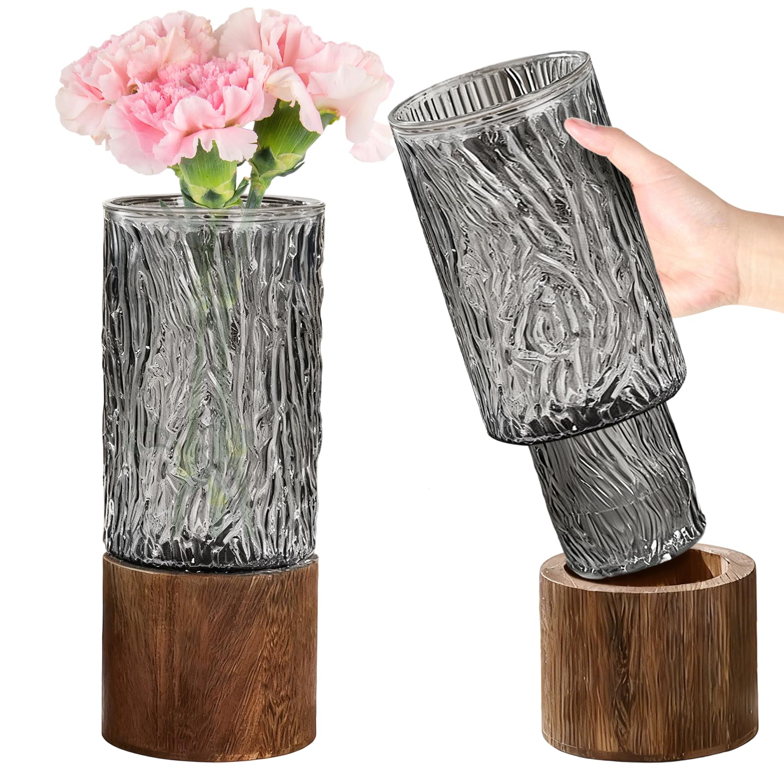 Eidoct Grey Hammer Pattern Artistic Wood Glass Cylindrical Grey Flower Vase With Wooden Base Plant Vases For Pampas Grass Dried Flowers, Classic Boho Rustic Style For Wedding Home Decor Table Centerpieces (Grey Hammer Pattern)