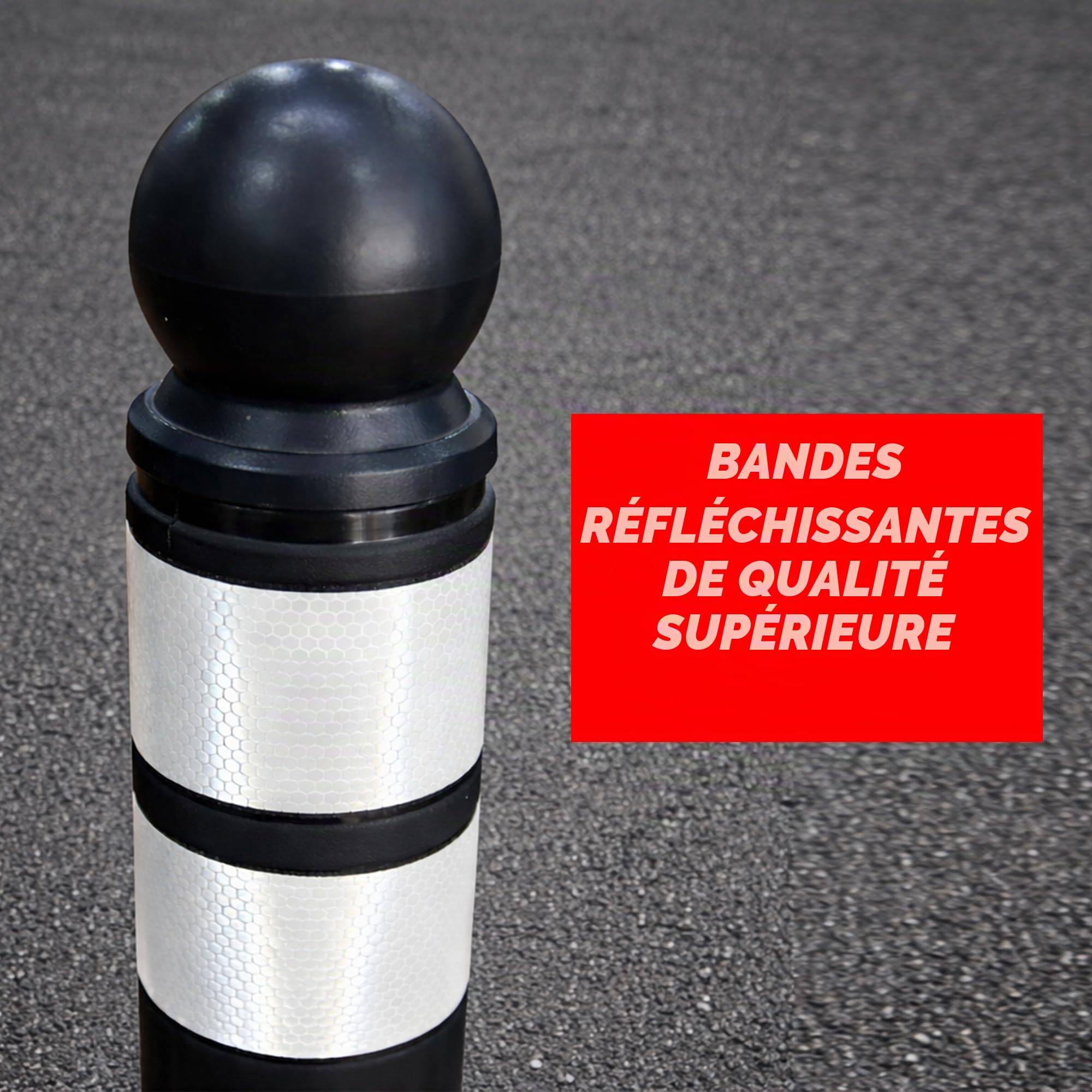 Délimiteur de circulation anti-stationnement de 68 cm | Barrière de sécurité réfléchissante noire avec tête sphérique | Poteau de refuge flexible en TPU avec base démontable, vis et ancrages pour