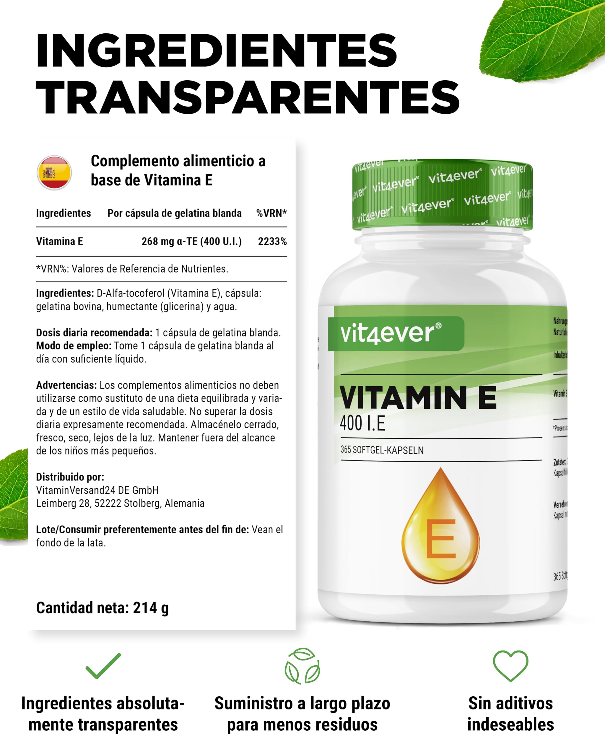 Vitamina E 400 U.I. natural - 365 cápsulas blandas - premium: vitamina E natural de girasol - suministro para 12 meses - dosis alta