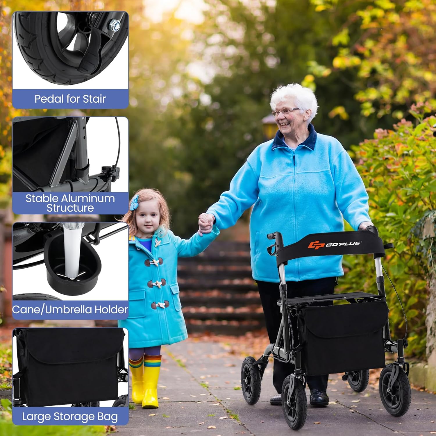 Goplus Rollator Walker features including pedal for stairs, storage bag, and cane holder
