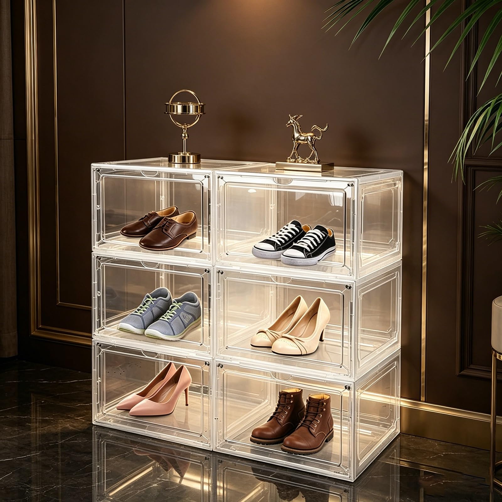 TYNGBT 6 Pack Transparent Shoe Storage Boxes, Hard Plastic Stackable Shoe Organizer for Closet