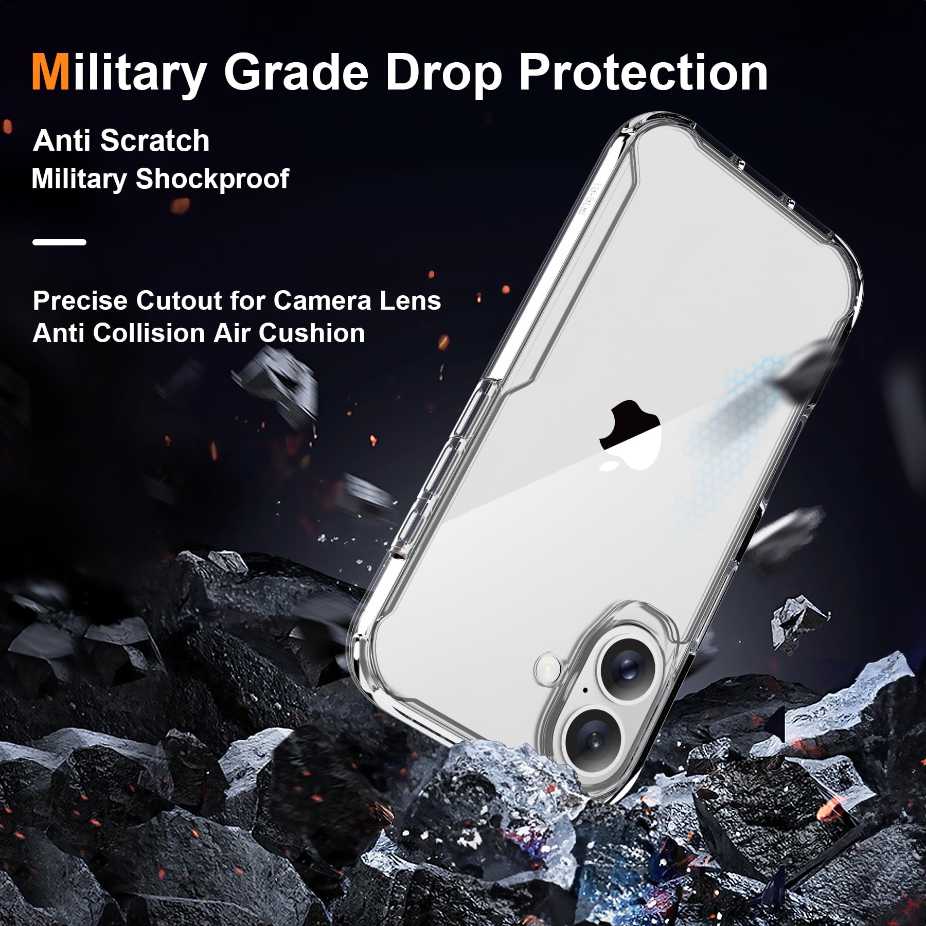 ORETECH 4 in 1 Compatibile con Cover iPhone 16 (6.1 Pollici)con[2 Vetro Temperato Proteggi Schermo e 1 per Fotocamera]Custodia per iPhone 16 Antiurto Sottile in PC Rigido con Bumper in TPU-Trasparente