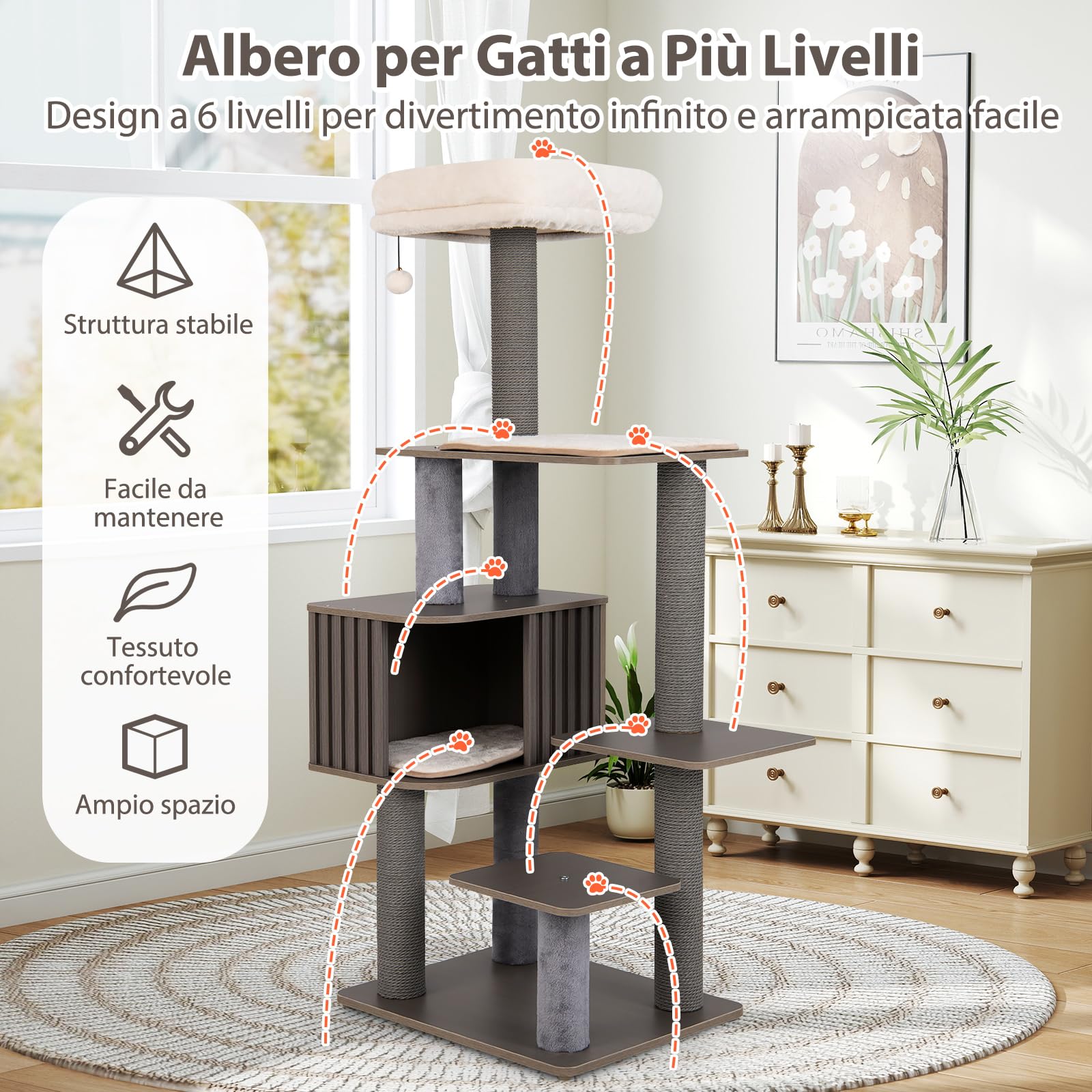 COSTWAY Albero per Gatti a 6 Livelli, Torre per Gatti Alta 151 cm con Condominio, Tappetini Removibili e Tiragraffi, Albero Tiragraffi per Arrampicata per Gattini in Legno con Palla Pompom Appesa