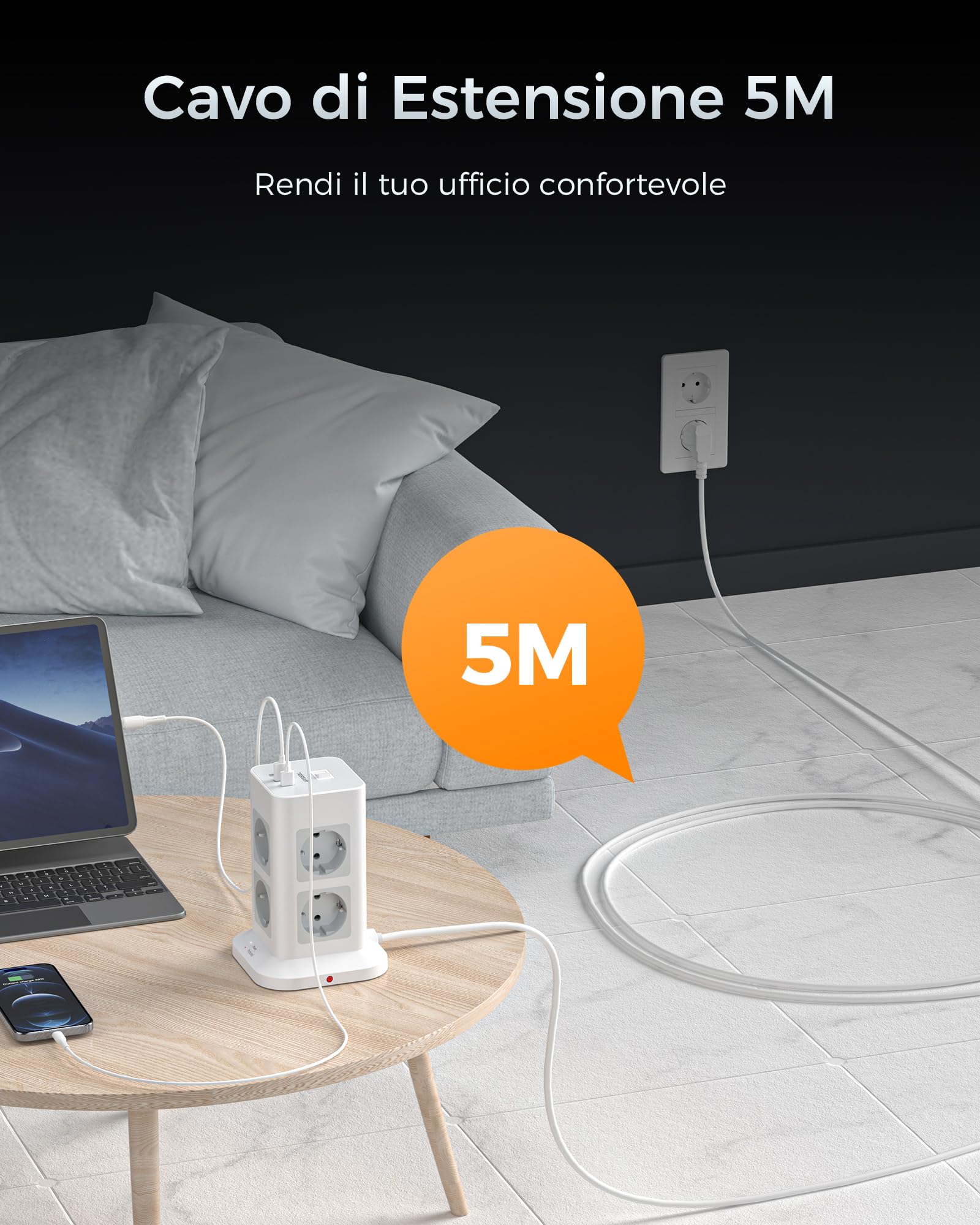 TESSAN Ciabatta Multipresa con USB, Multipresa Elettrica con 8 Prese e 3 USB, Protezione Sovratensione 1700J, Ciabatta Elettrica con Cavo 5M e Interruttore, Grigio